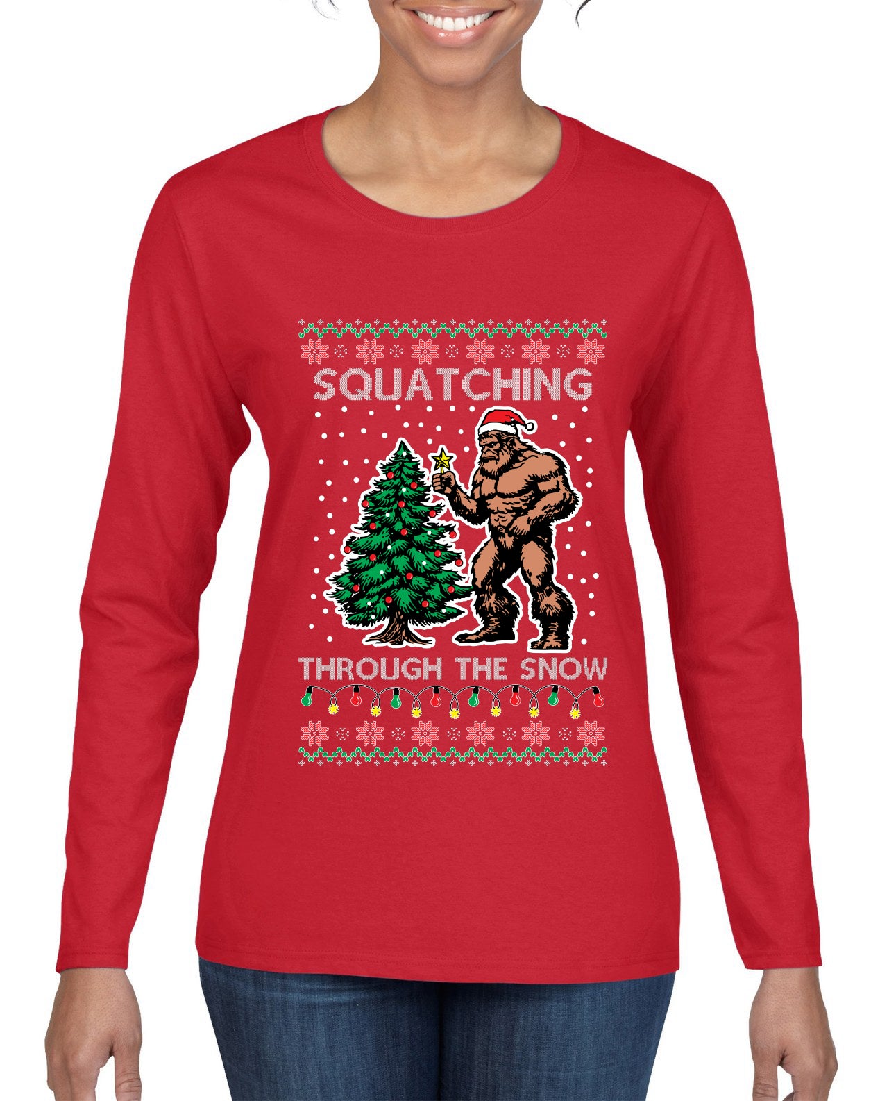 Squatching Through The Snow Bigfoot, Ugly Christmas Sweater Womens Graphic Long Sleeve T-Shirt