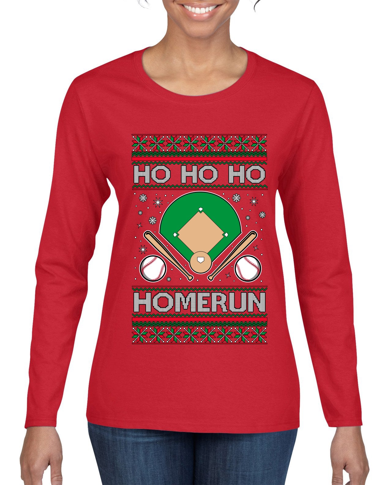 Ho Ho Ho Homerun, Baseball Fan Christmas Design, Ugly Christmas Sweater Womens Graphic Long Sleeve T-Shirt