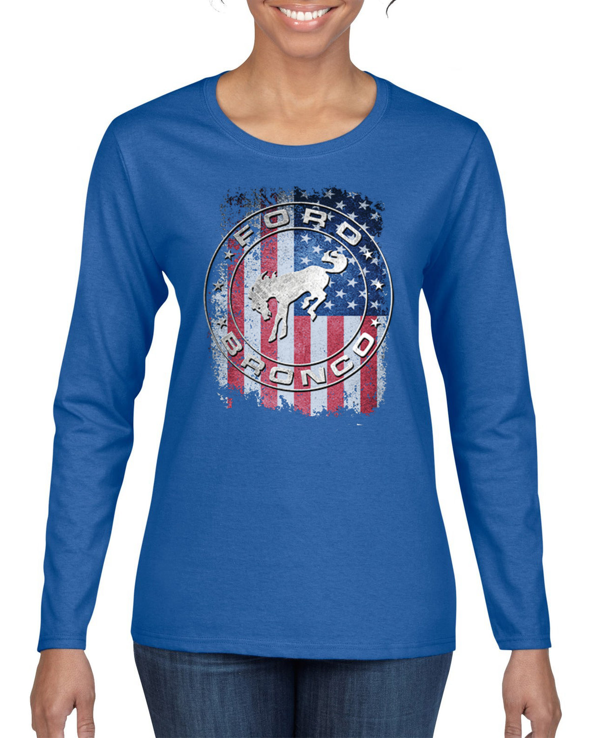 US Flag Ford Bronco Cars and Trucks Womens Graphic Long Sleeve T-Shirt