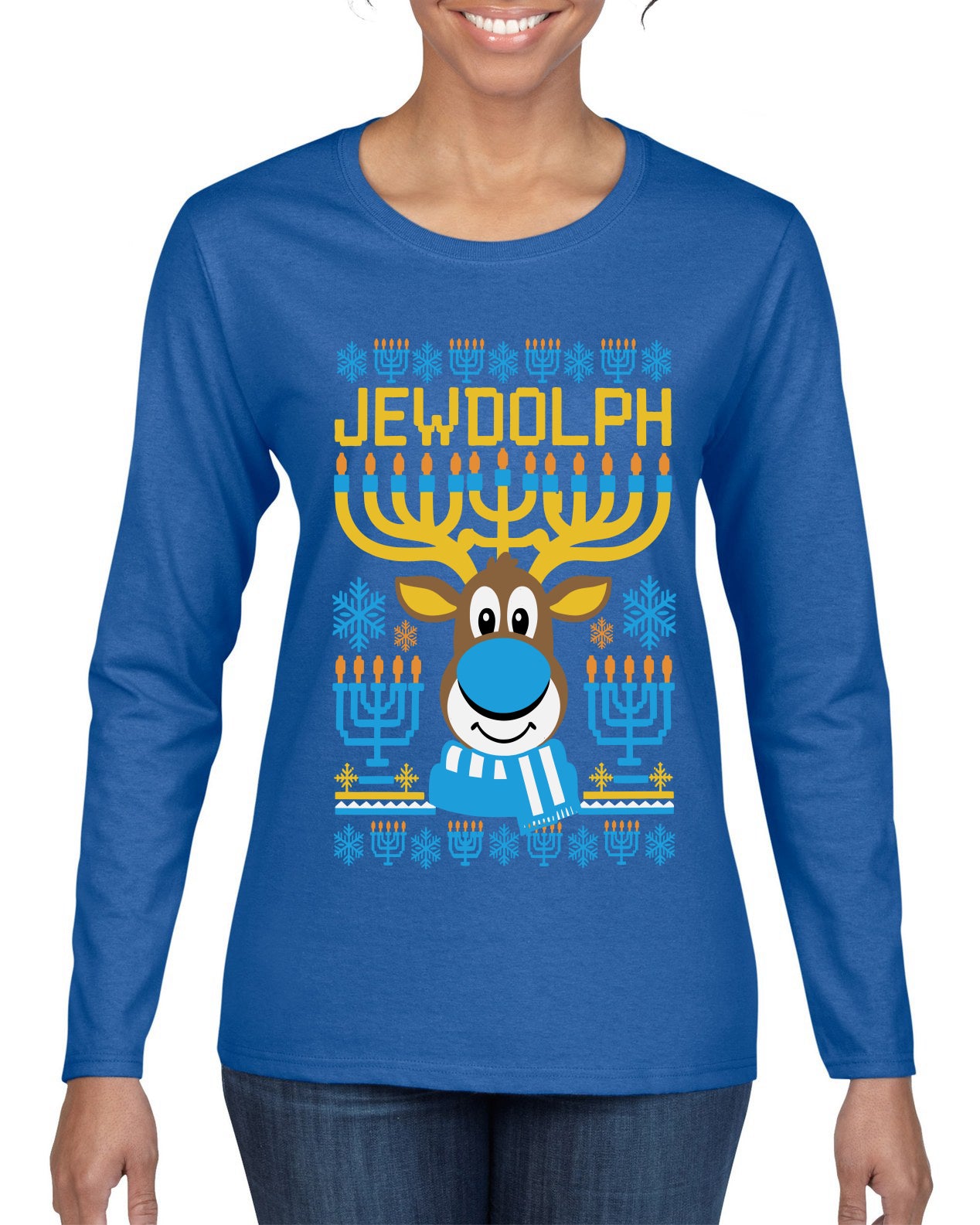 Jewdolph, Jewish Reindeer, Ugly Christmas Sweater Womens Graphic Long Sleeve T-Shirt