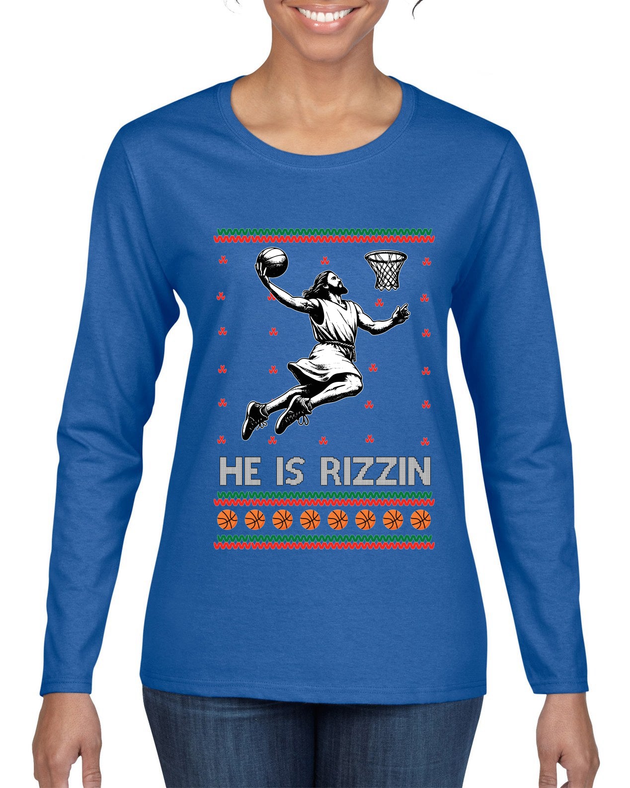 He Is Rizzin, Ugly Christmas Sweater Womens Graphic Long Sleeve T-Shirt