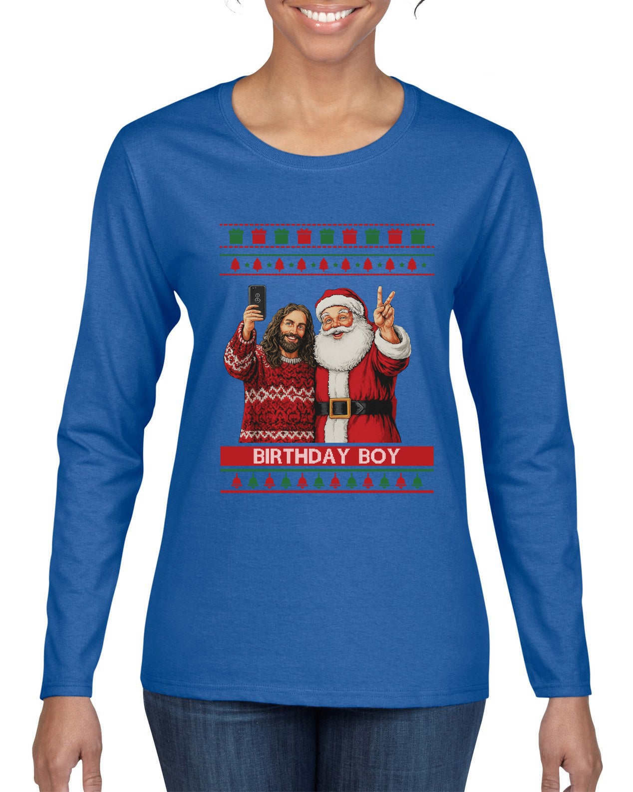 Birthday Boy Jesus, Ugly Christmas Sweater Womens Graphic Long Sleeve T-Shirt