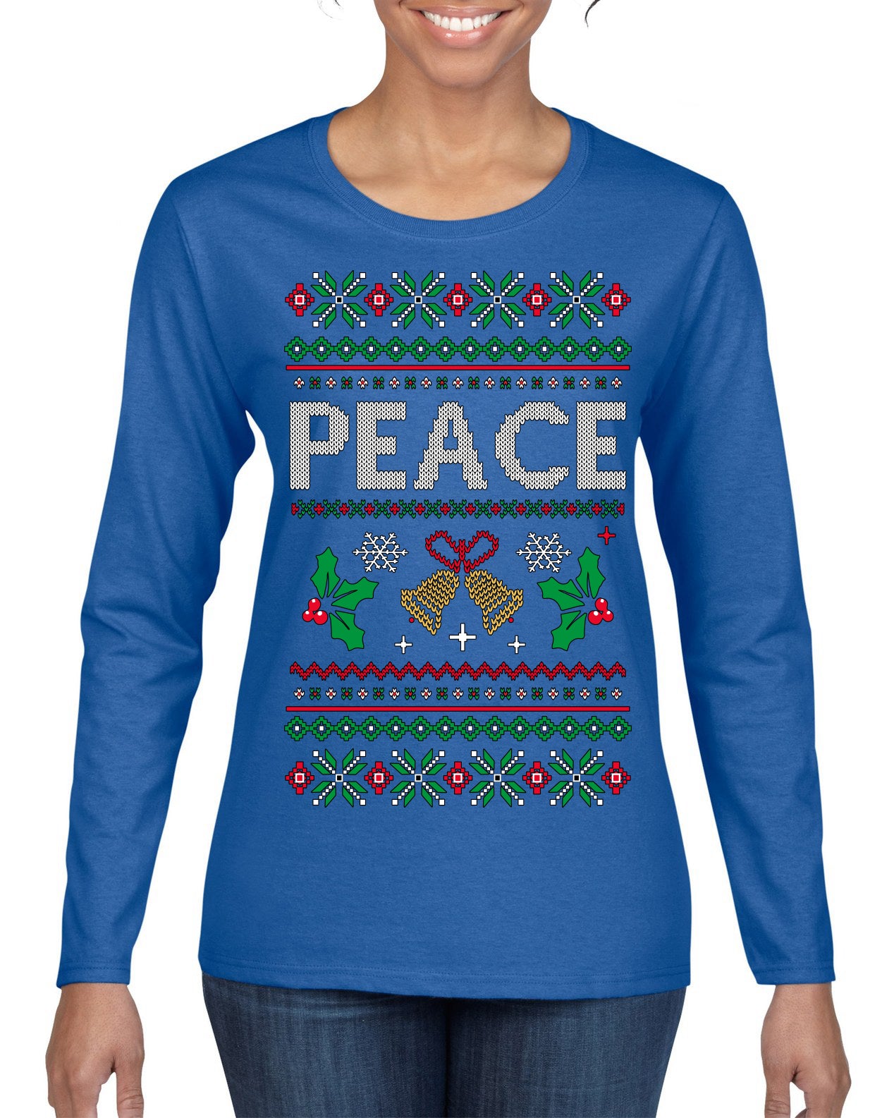 Peace Ugly Christmas Sweater Womens Graphic Long Sleeve T-Shirt