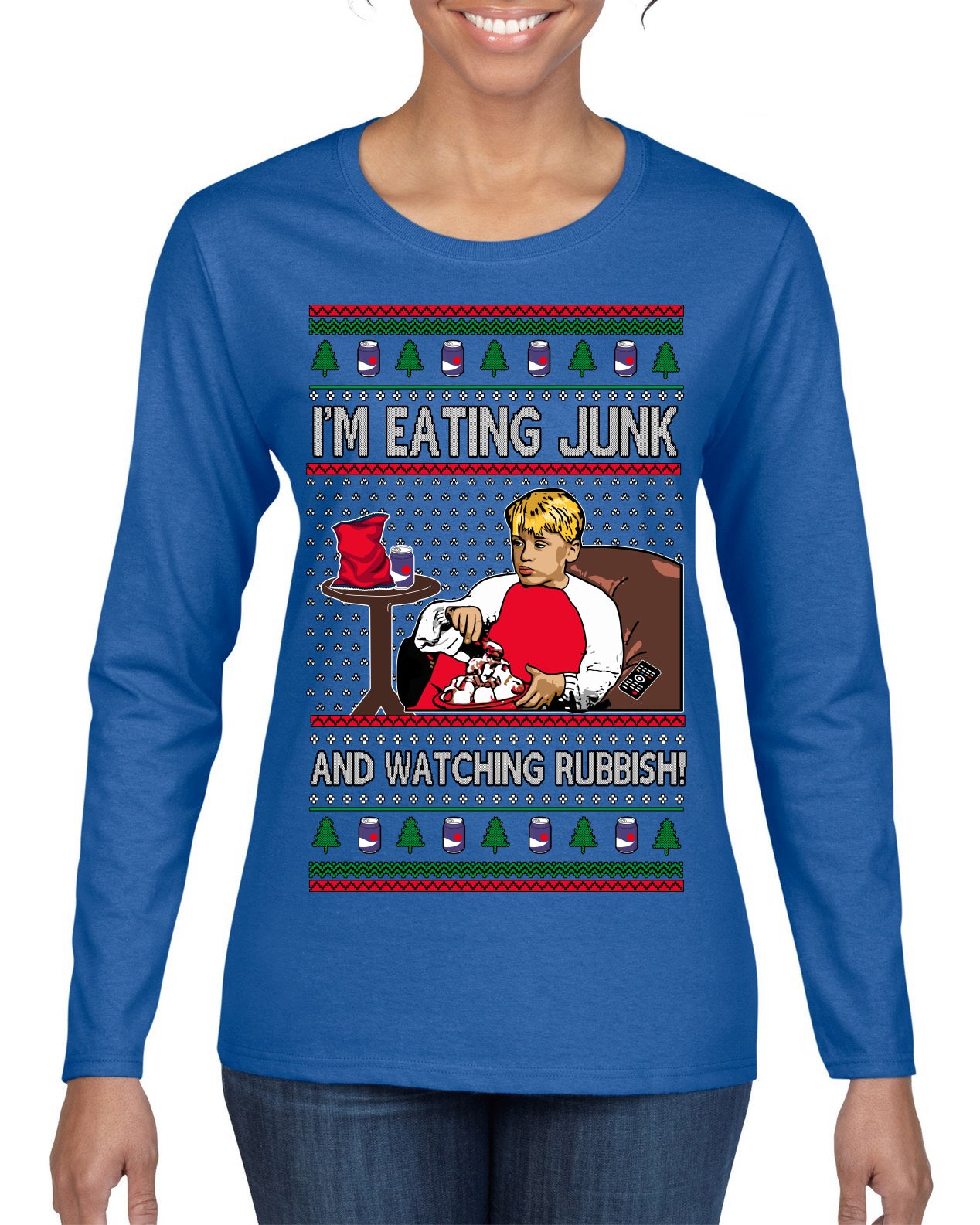 I'm Eating Junk and Watching Rubbish 90s Movie Ice Cream Ugly Christmas Sweater Womens Graphic Long Sleeve T-Shirt
