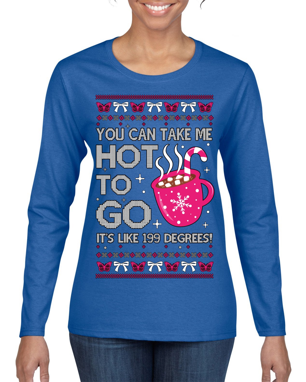 You Can Take Me Hot to Go, Hot Cocoa Viral Song Pop Music Ugly Christmas Sweater Womens Graphic Long Sleeve T-Shirt
