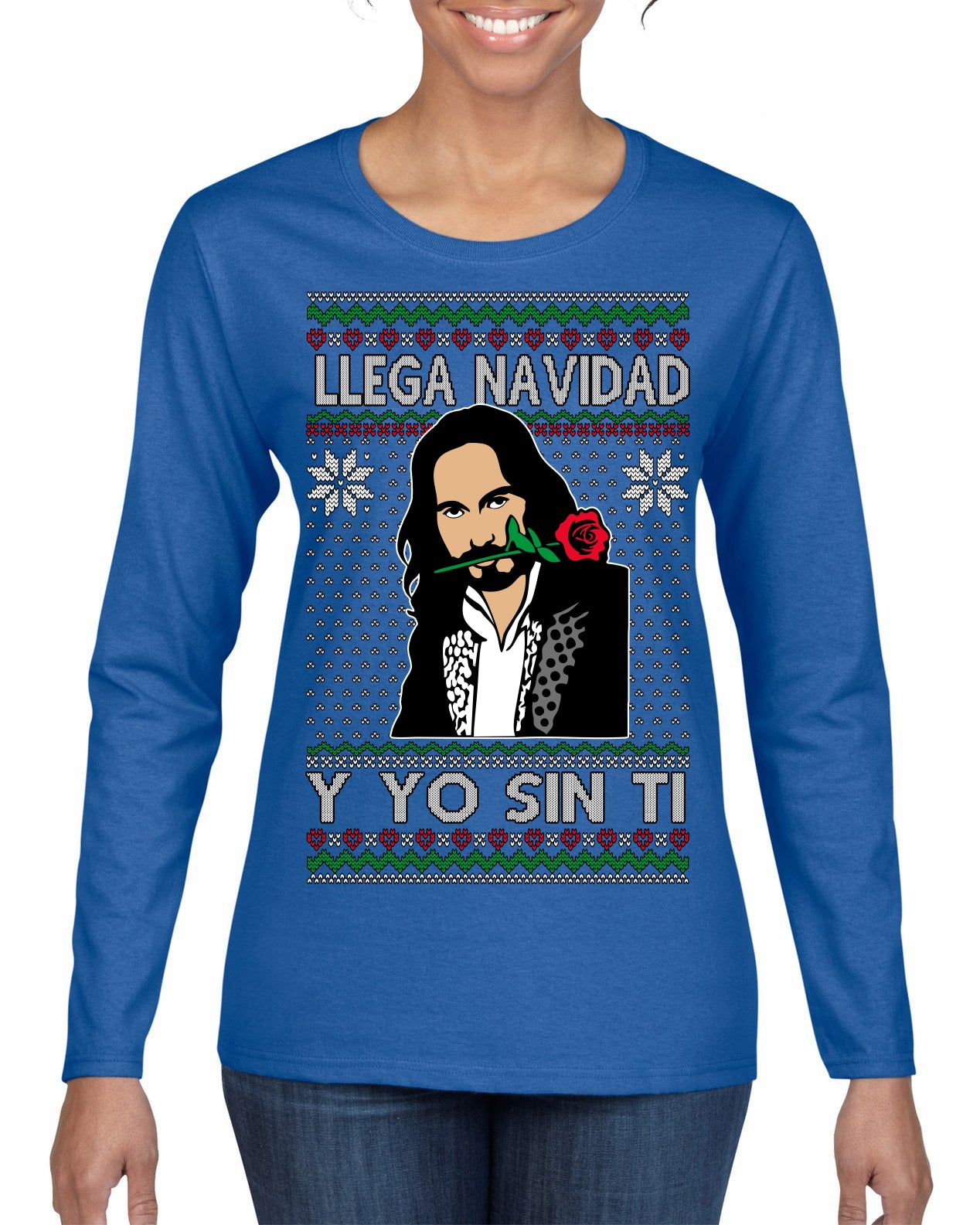 Llega Navidad Y Yo Sin Ti Christmas Is Coming Marco Ugly Christmas Sweater Womens Graphic Long Sleeve T-Shirt