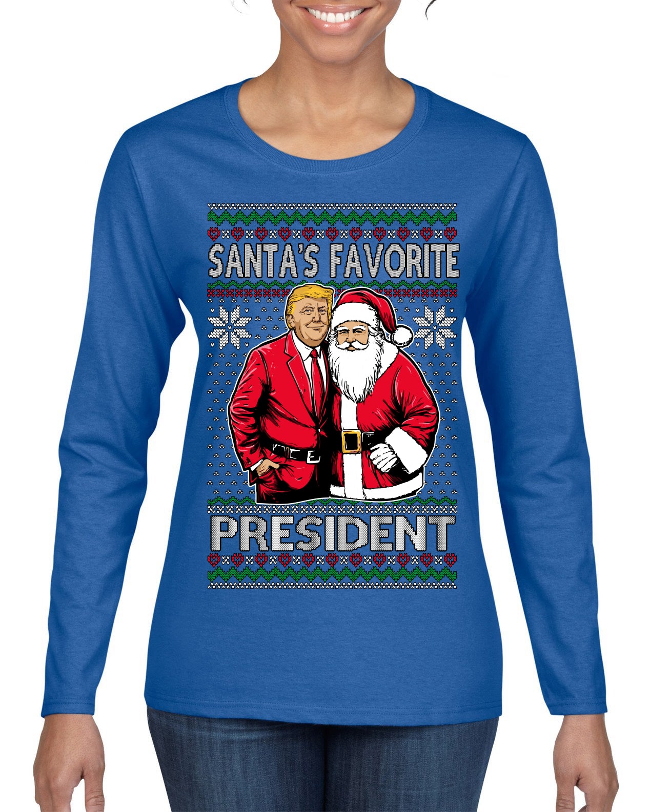 Santa's Favorite President Red Suit Trump Ugly Christmas Sweater Womens Graphic Long Sleeve T-Shirt