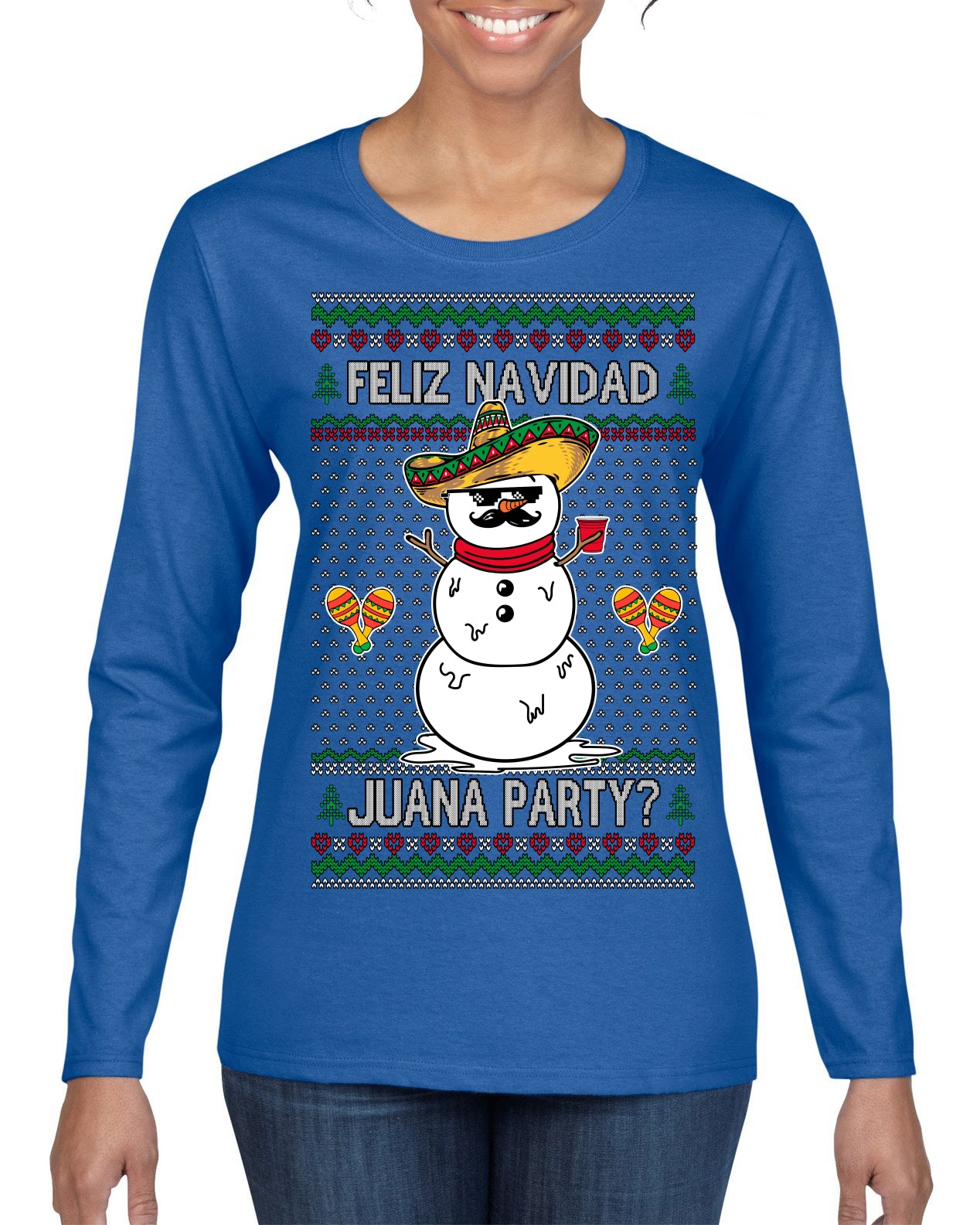Feliz Navidad Juana Party Funny Spanish Drinking Cerveza Ugly Christmas Sweater Womens Graphic Long Sleeve T-Shirt