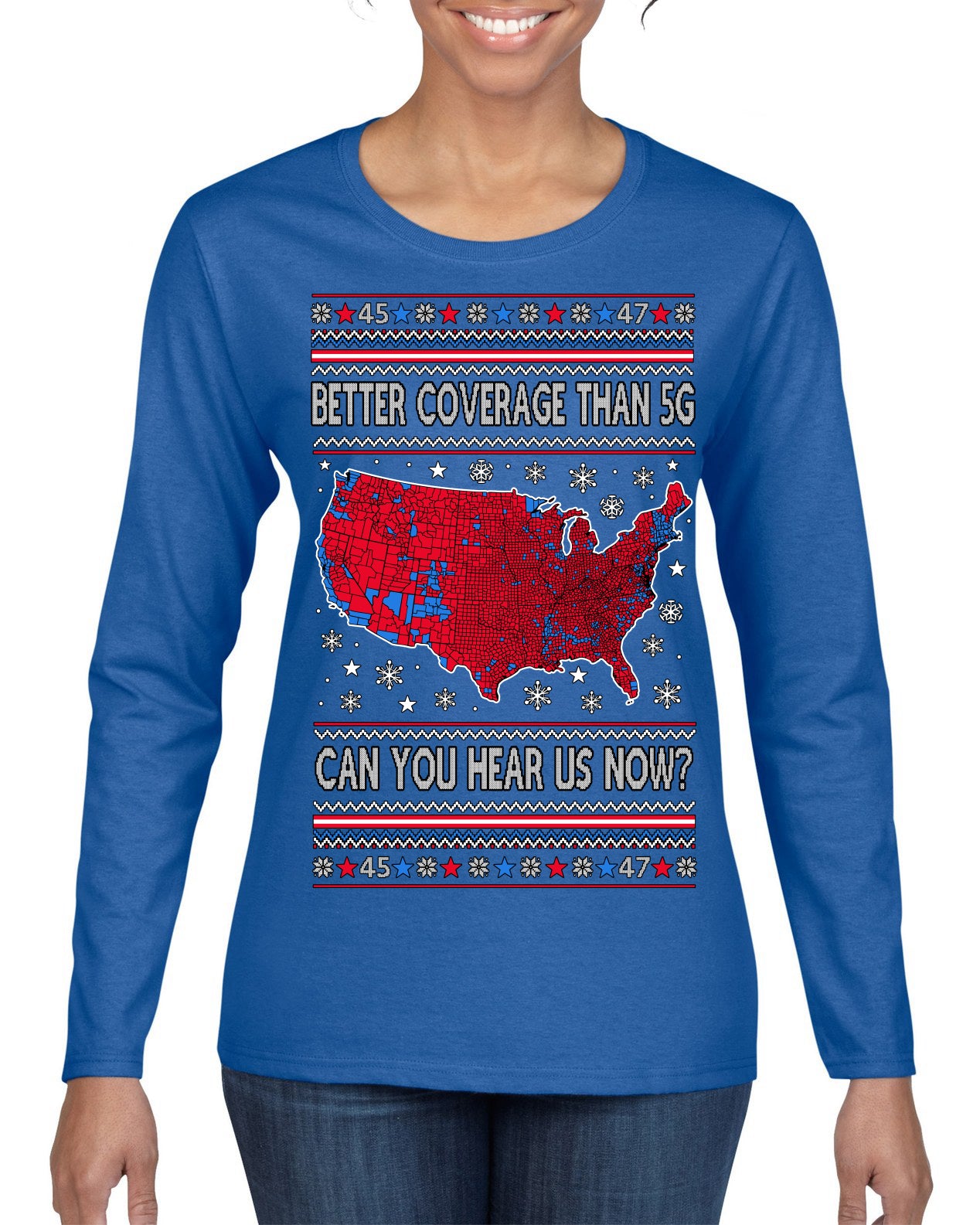 Trump 2024 Better Coverage than 5G Red Wave Landslide Ugly Christmas Sweater Womens Graphic Long Sleeve T-Shirt