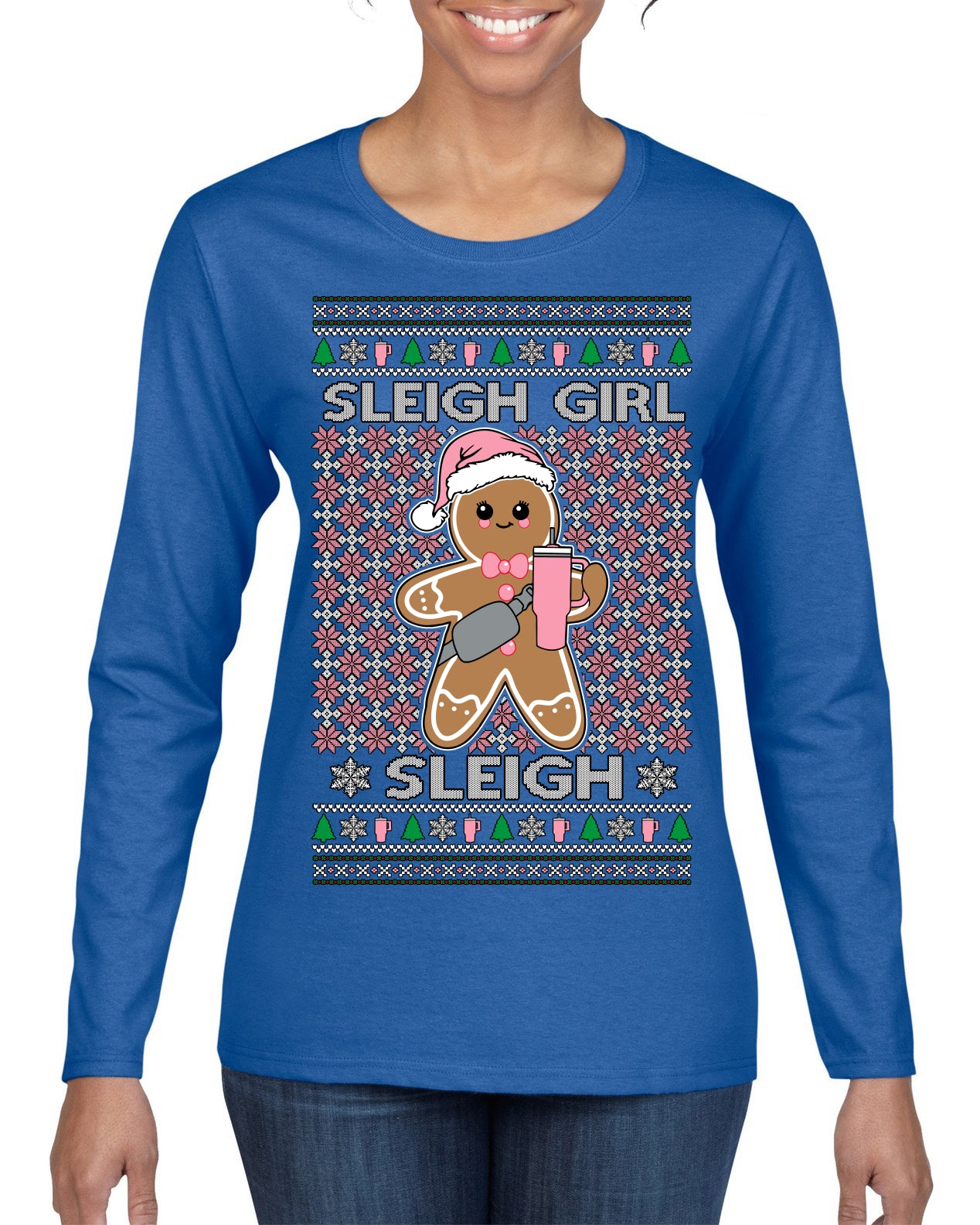 Sleigh Girl Sleigh Funny Trendy Pop Girly Sling Bag Coffee Cup Ugly Christmas Sweater Womens Graphic Long Sleeve T-Shirt