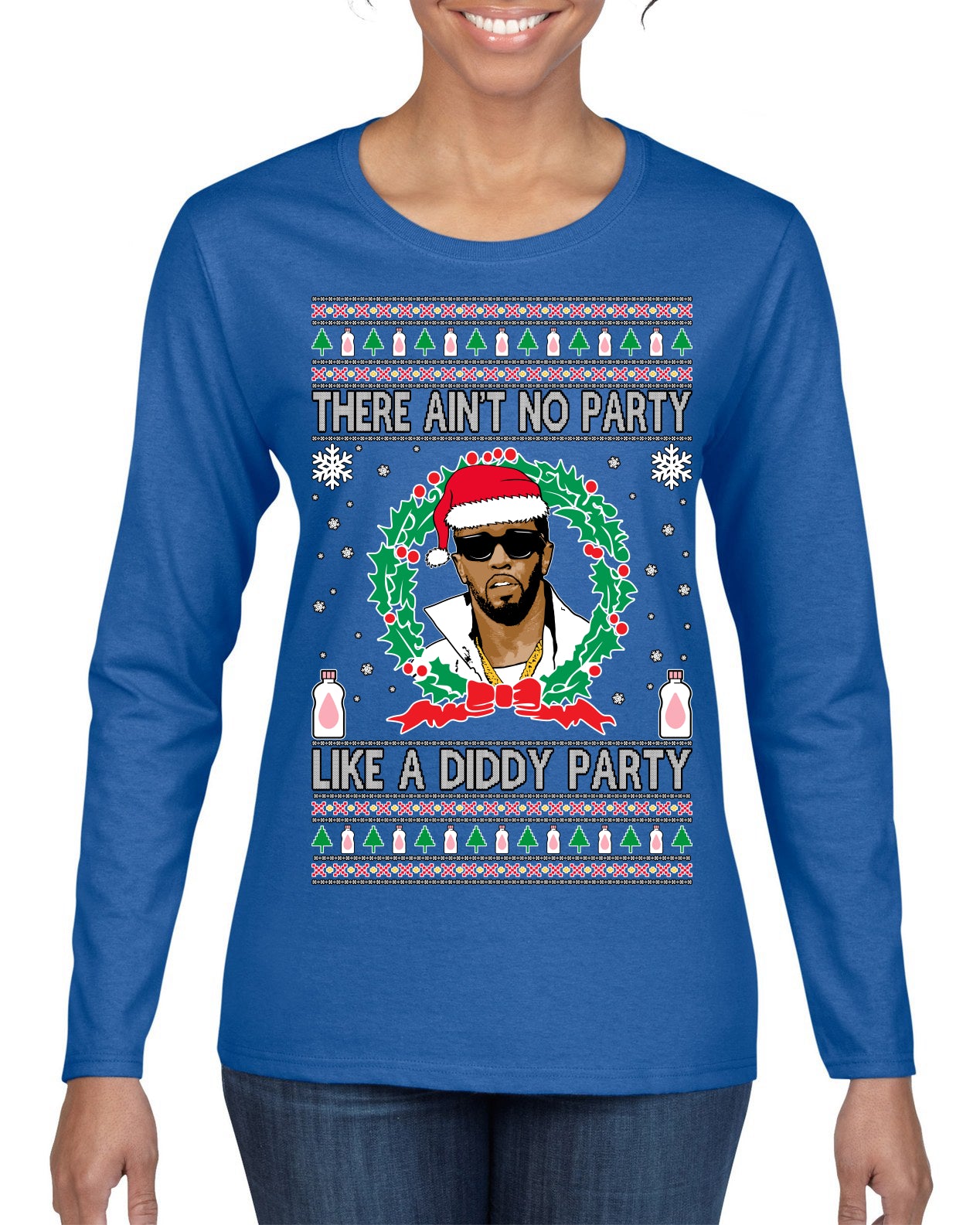 There Ain't No Party Like a Diddy Party, Funny Crazy Party Viral Music Baby Oil Meme, Men Women Ugly Christmas Sweater Womens Graphic Long Sleeve T-Shirt