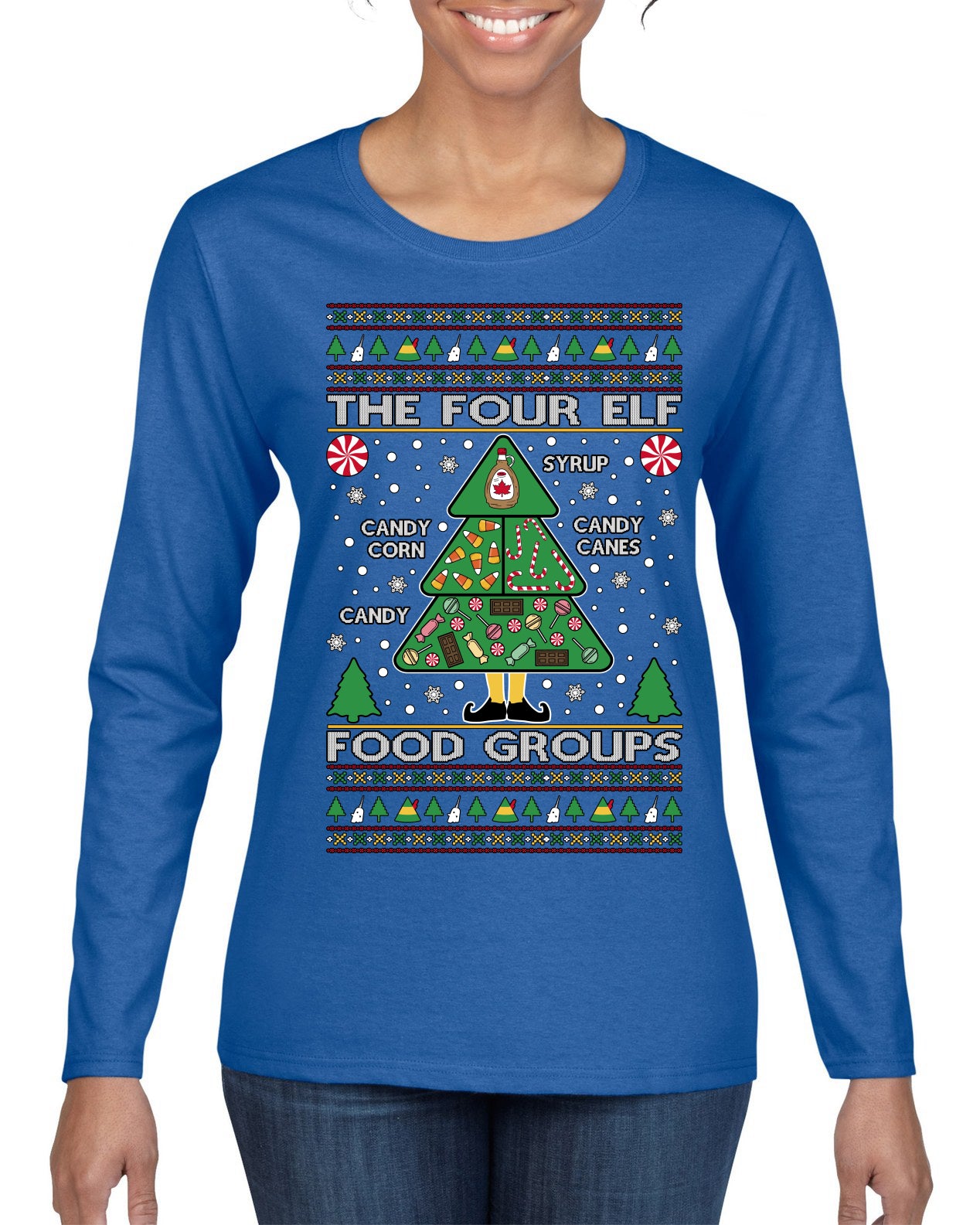 The Four Elf Food Groups Candy Canes Syrup Funny Ugly Christmas Sweater Womens Graphic Long Sleeve T-Shirt