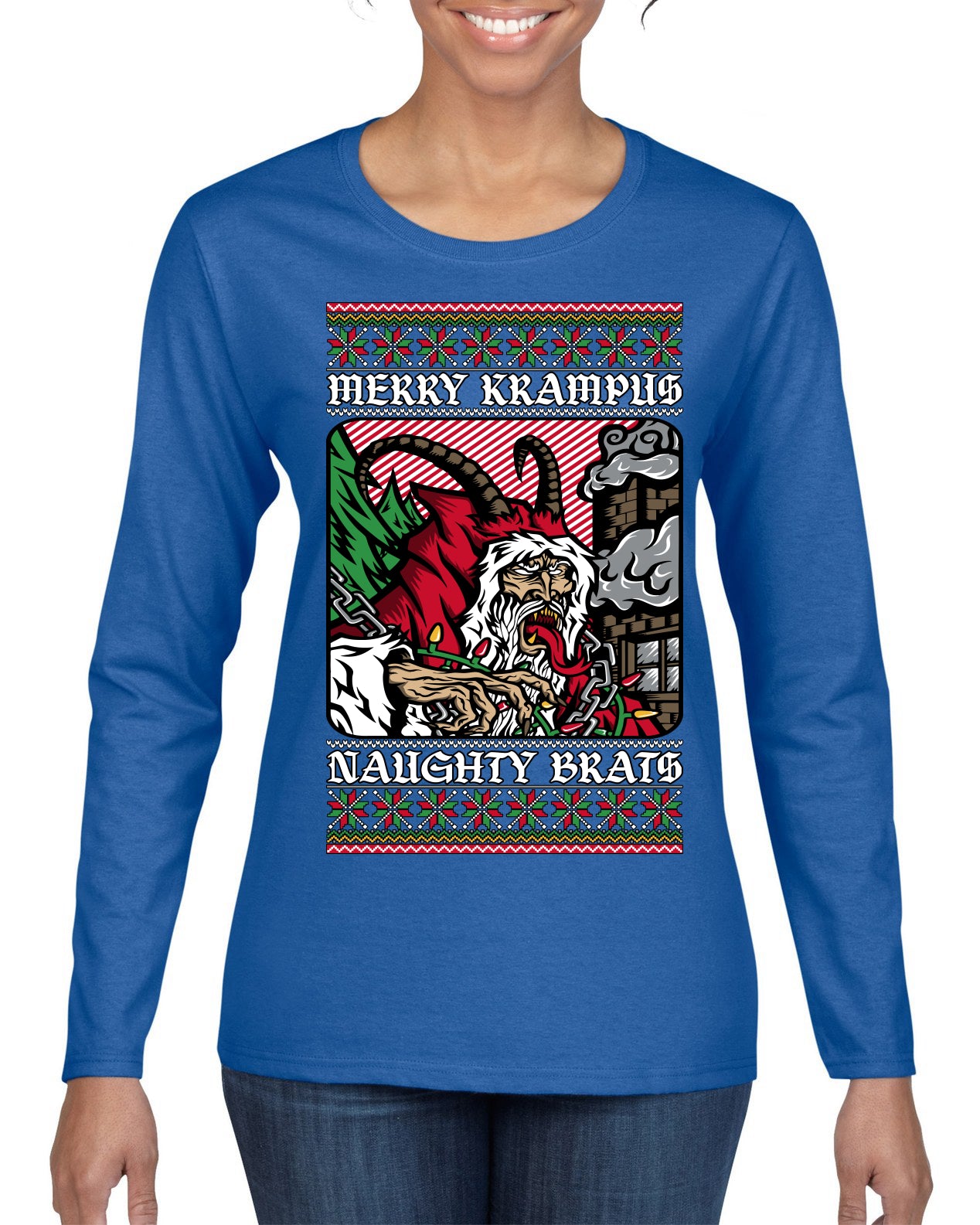 Merry Krampus Naughty Brats | Funny Ugly Christmas Sweater Womens Graphic Long Sleeve T-Shirt