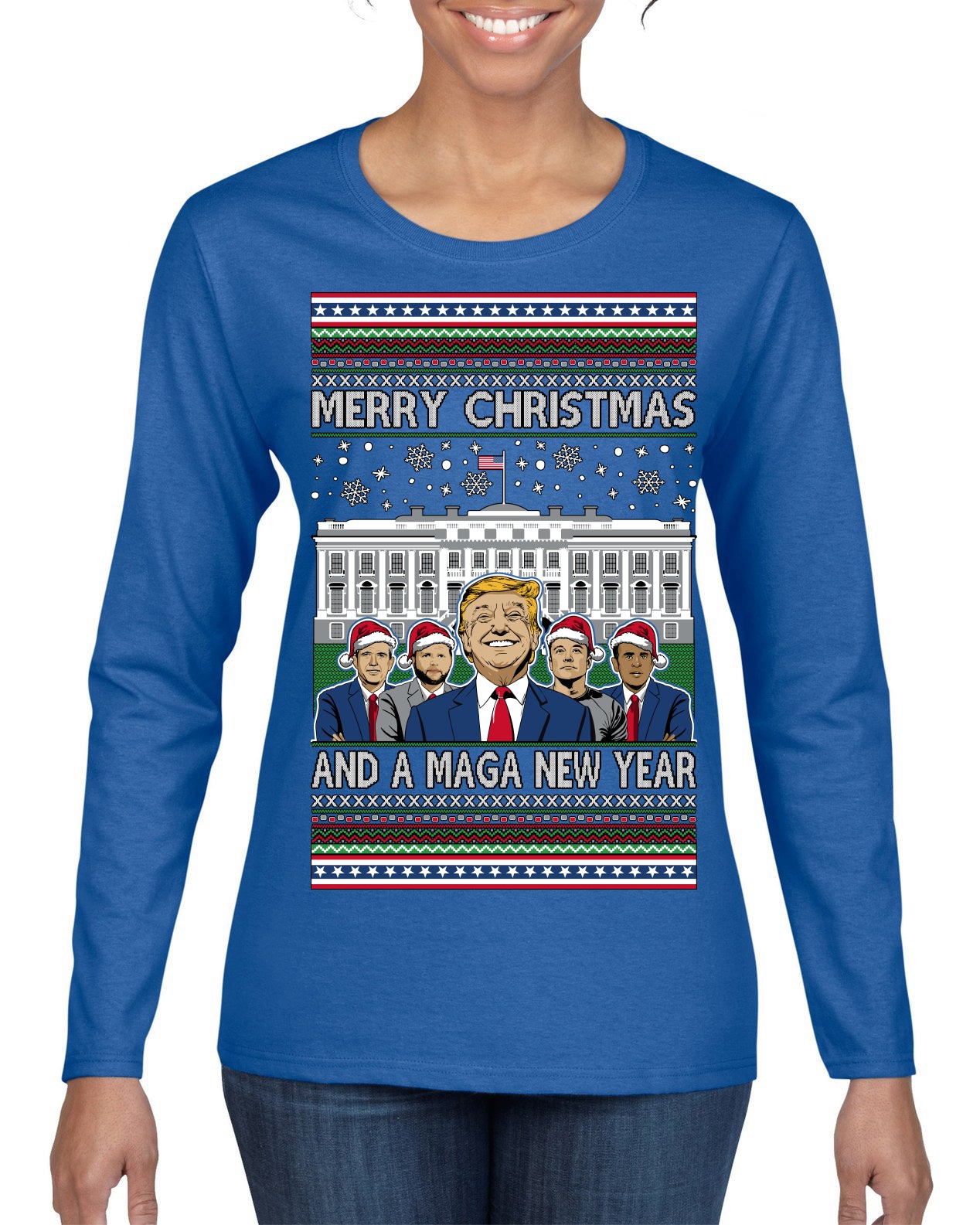 Merry Christmas and a MAGA New Year 2025 Ugly Christmas Sweater Womens Graphic Long Sleeve T-Shirt