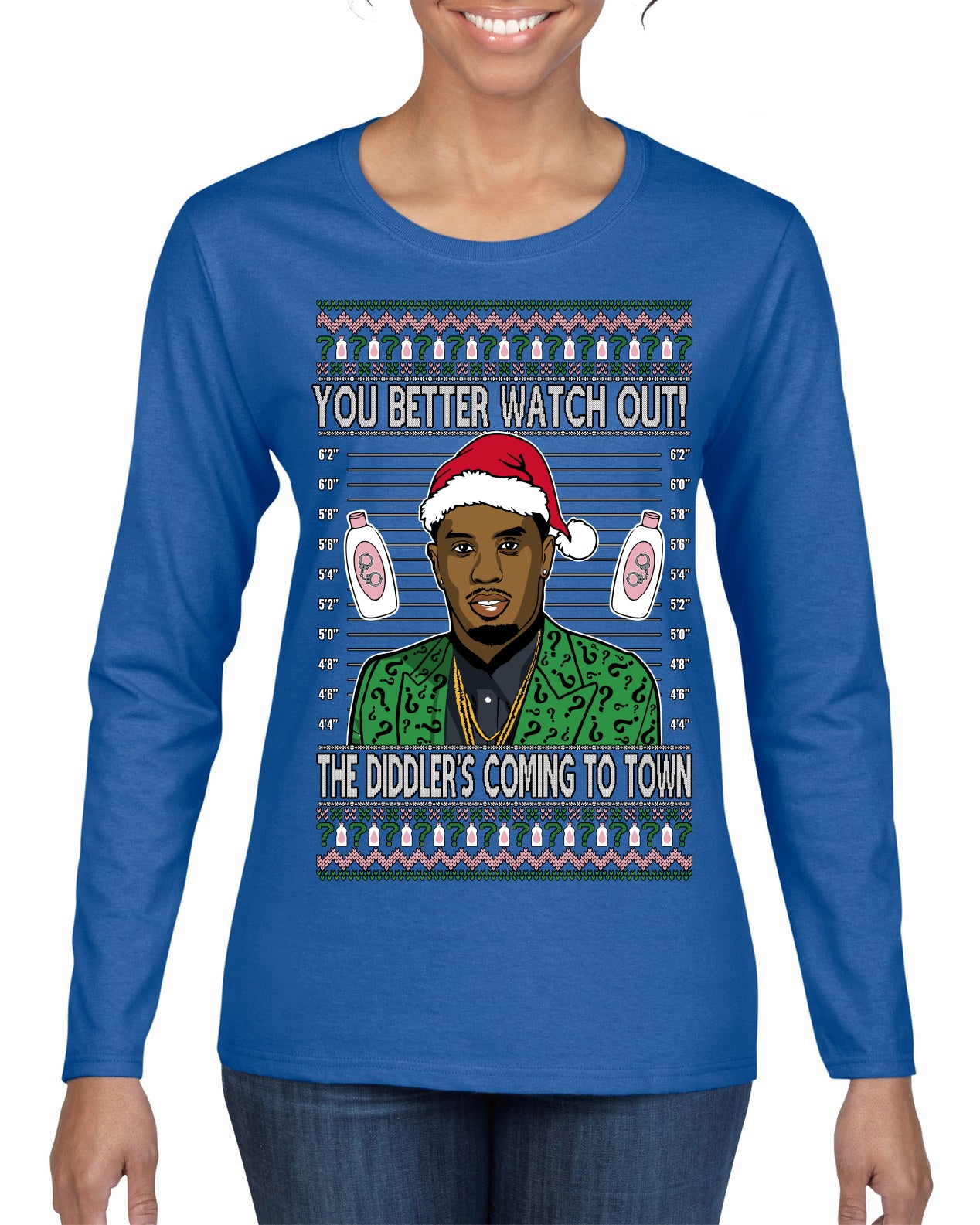 You Better Watch Out, the Diddler's Coming to Town, Funny Santa P Diddy Diddler Funny Party Viral Music Baby Oil Meme Ugly Christmas Sweater Womens Graphic Long Sleeve T-Shirt