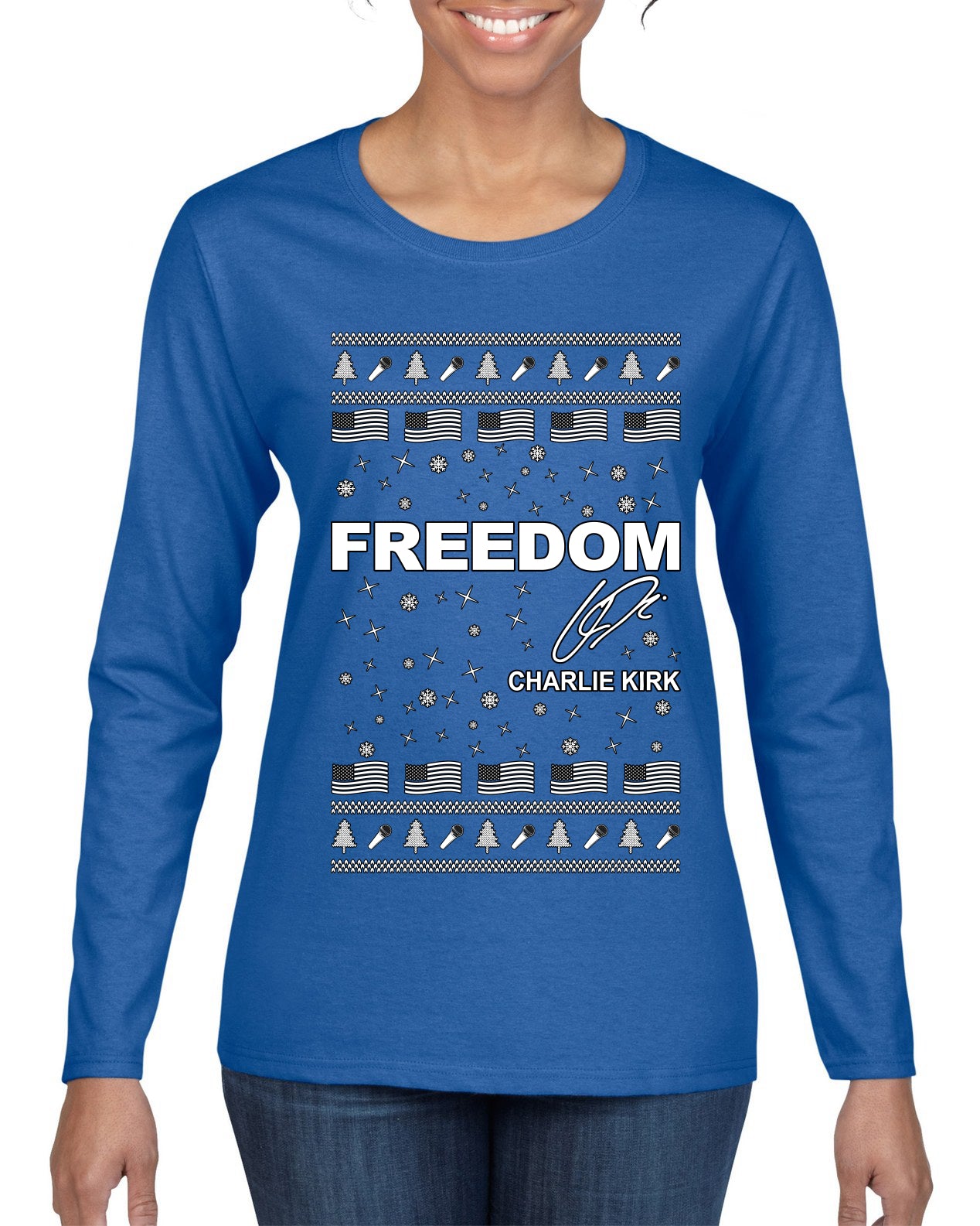 Freedom, Charlie Kirk Political Activist, Right Wing, Ugly Christmas Sweater Womens Graphic Long Sleeve T-Shirt
