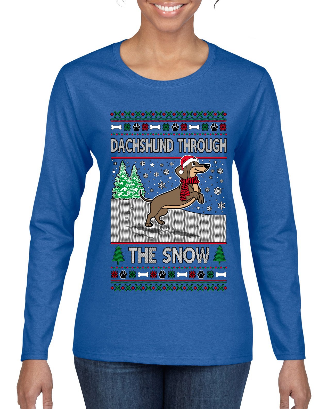 Dachshund Through The Snow, Cute Dog Christmas Sweater, Ugly Christmas Sweater Womens Graphic Long Sleeve T-Shirt