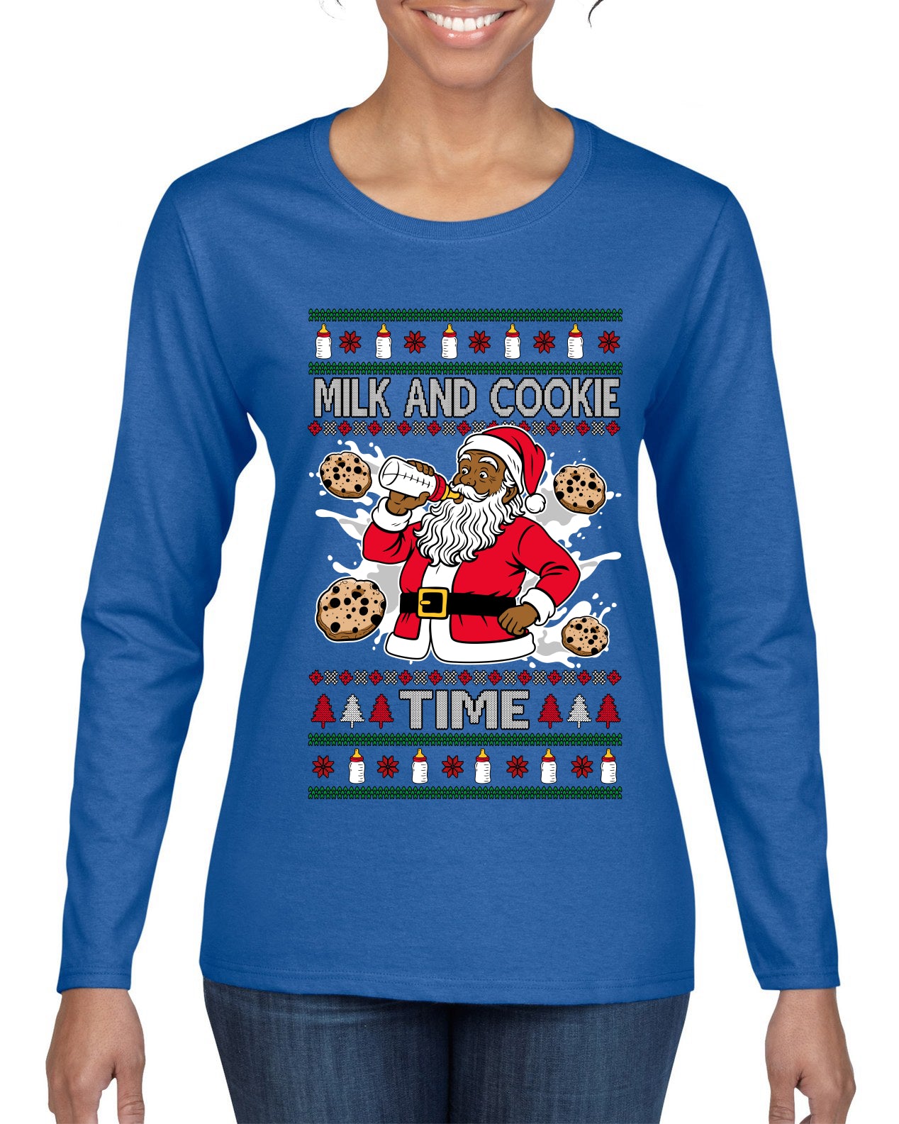 Milk And Cookie Time Christmas Sweater, Ugly Christmas Sweater Womens Graphic Long Sleeve T-Shirt