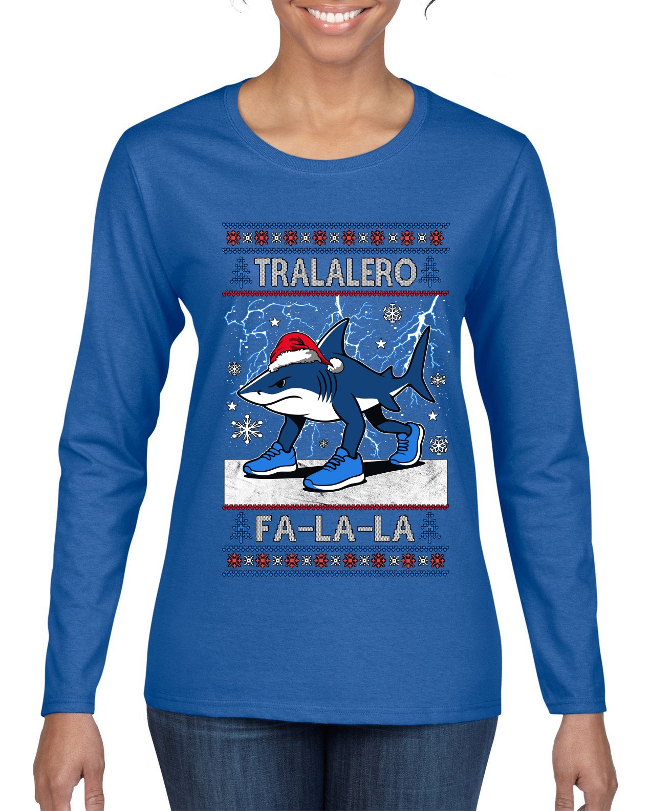Tralalero Fa La La Brainrot, Ugly Christmas Sweater Womens Graphic Long Sleeve T-Shirt
