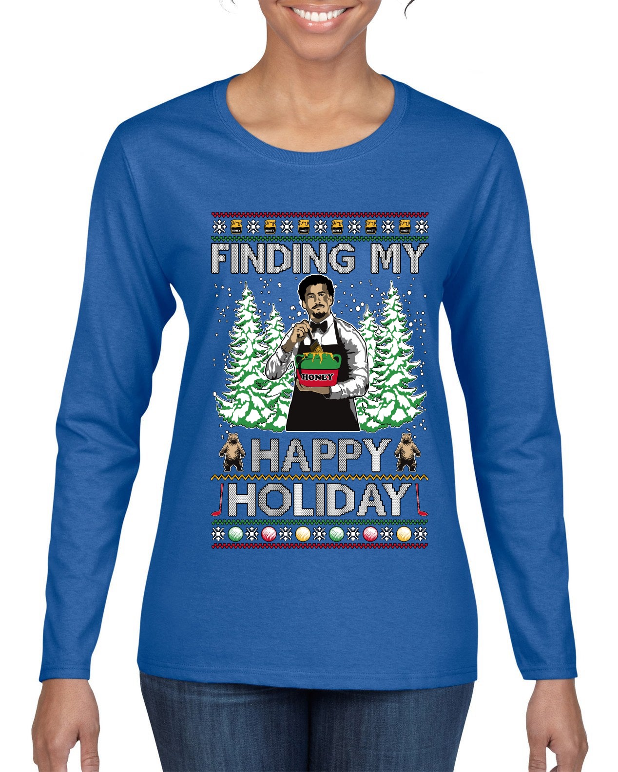 Finding My Happy Holiday, Ugly Christmas Sweater Womens Graphic Long Sleeve T-Shirt