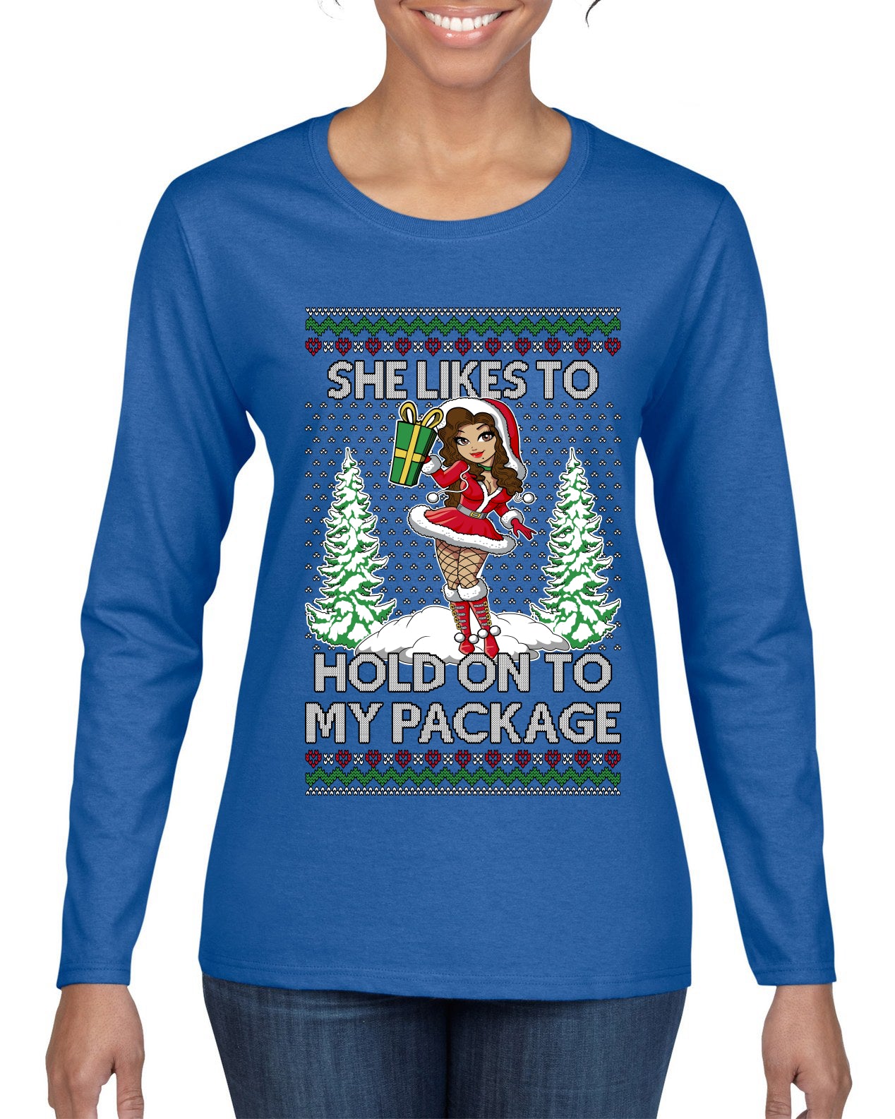 Hold My Package, Ugly Christmas Sweater Womens Graphic Long Sleeve T-Shirt