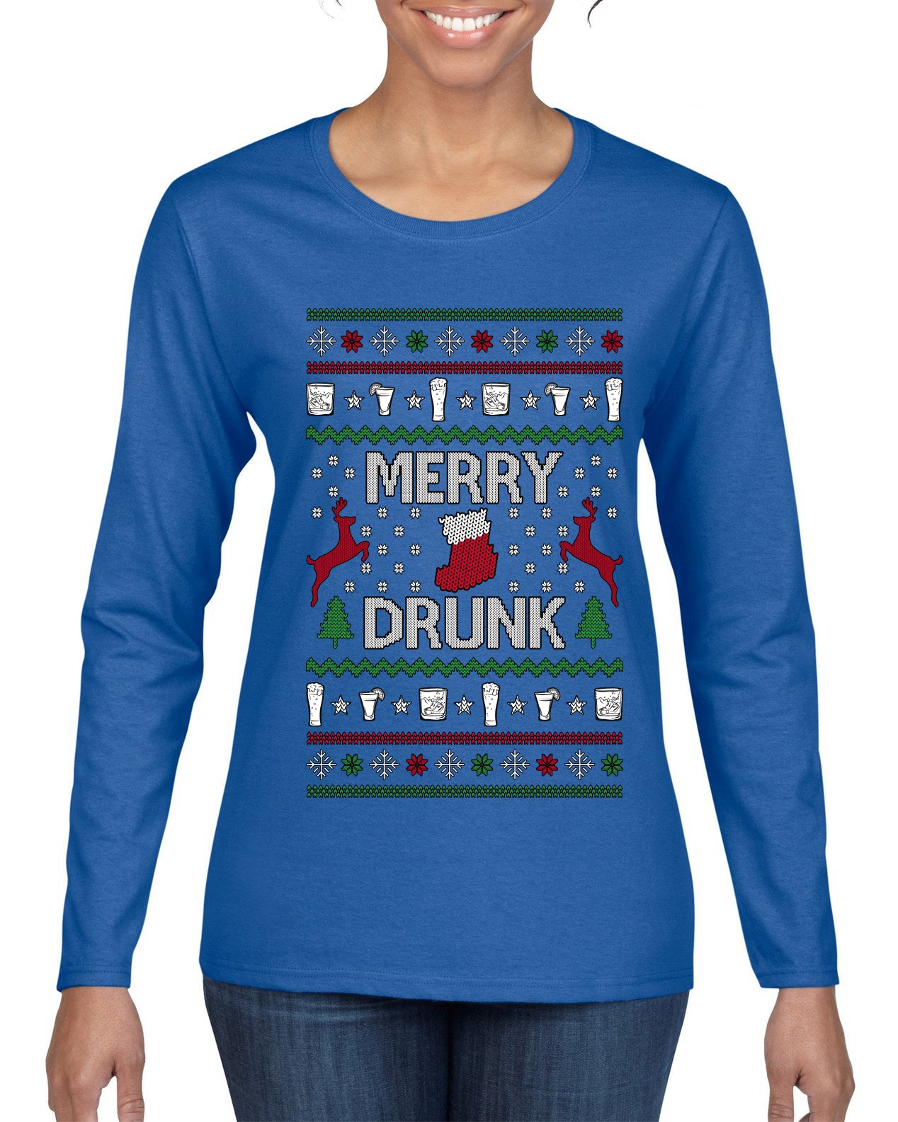 Merry Drunk, Ugly Christmas Sweater Womens Graphic Long Sleeve T-Shirt