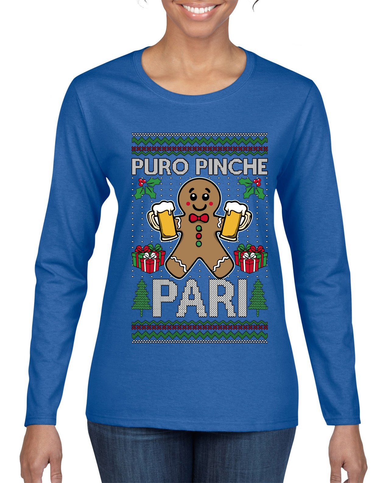 Puro Pinche Pari, Ugly Christmas Sweater Womens Graphic Long Sleeve T-Shirt