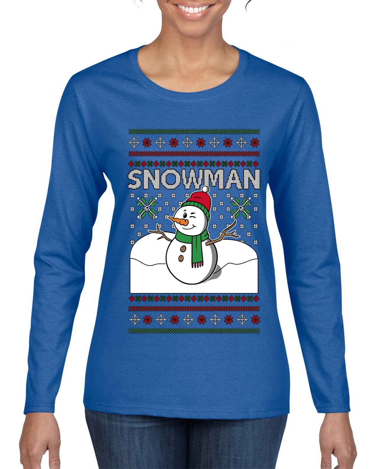 Snowman, Ugly Christmas Sweater Womens Graphic Long Sleeve T-Shirt