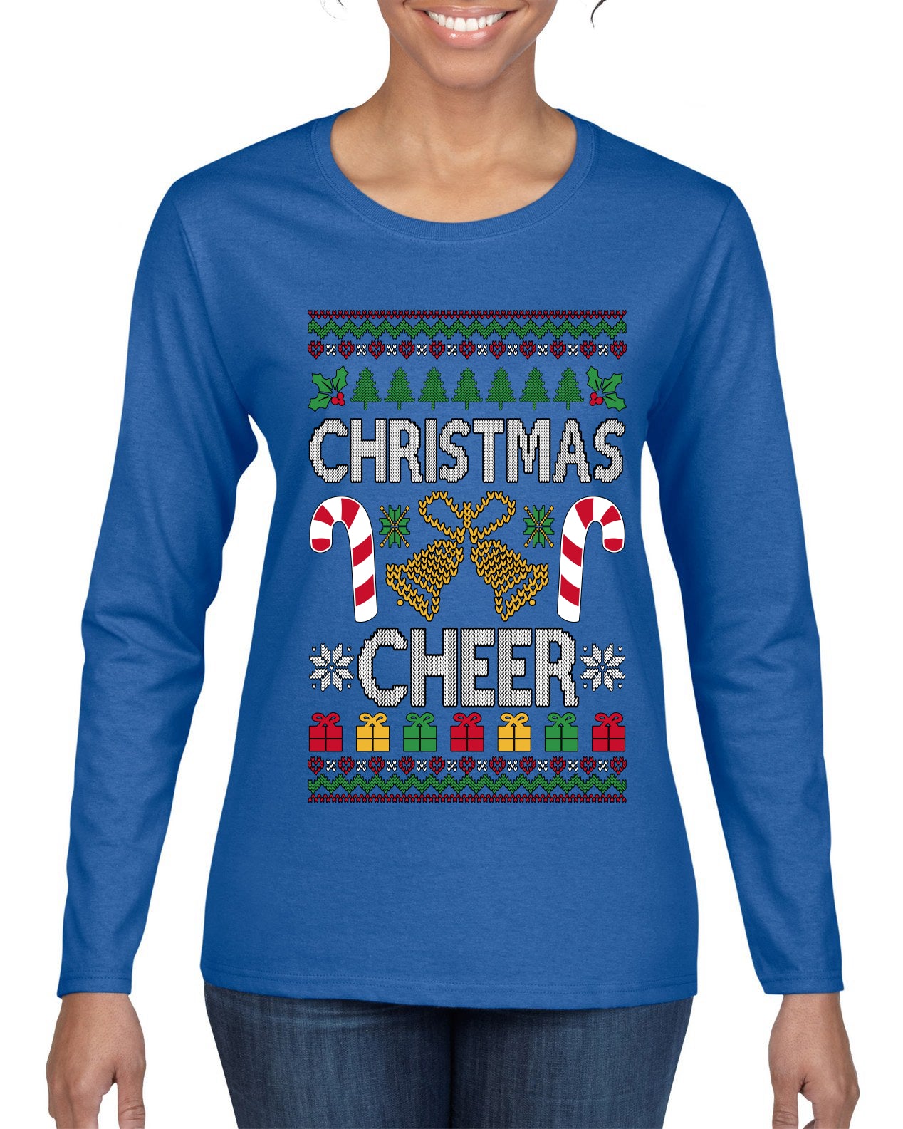 Christmas Cheer, Ugly Christmas Sweater Womens Graphic Long Sleeve T-Shirt