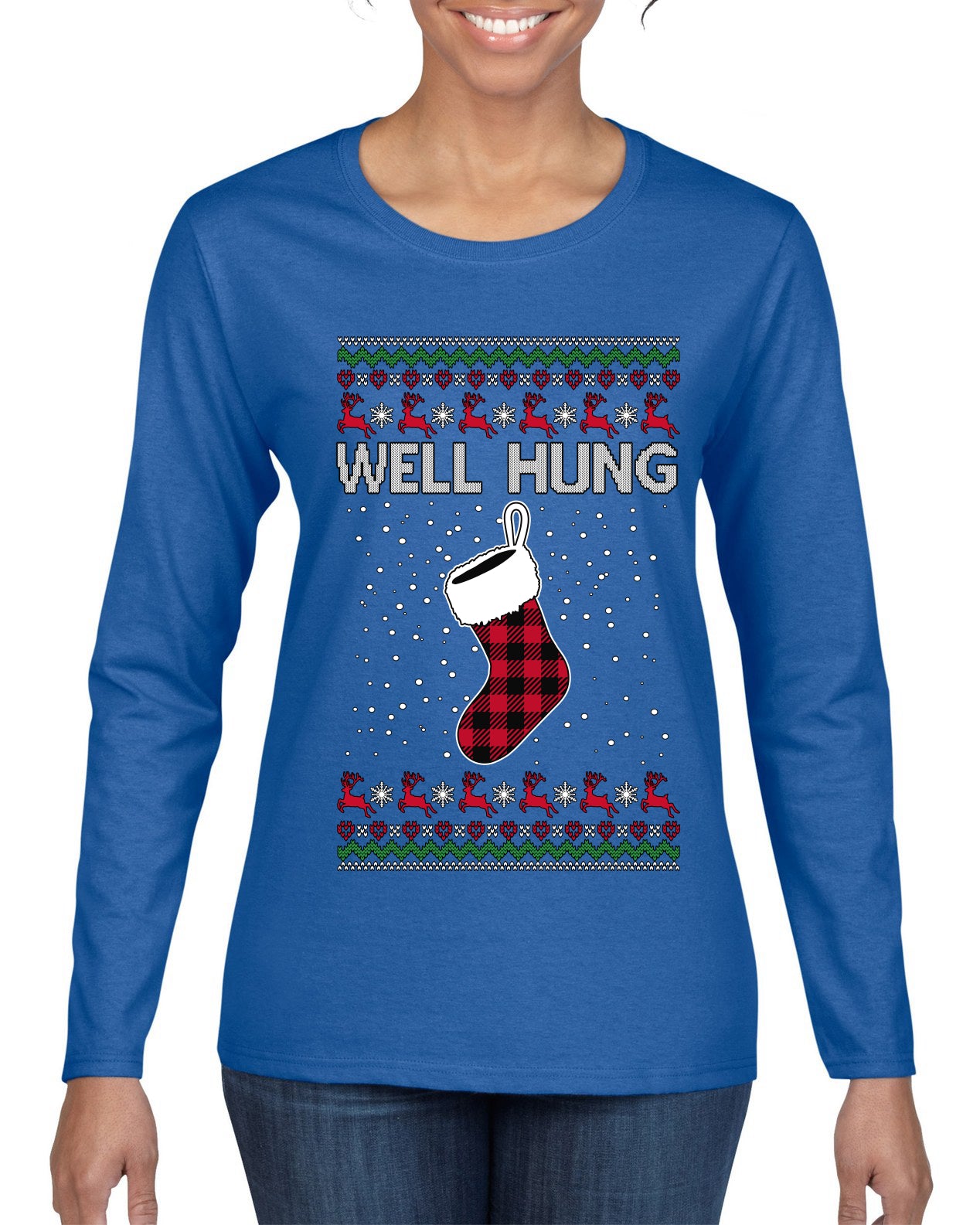 Well Hung, Ugly Christmas Sweater Womens Graphic Long Sleeve T-Shirt