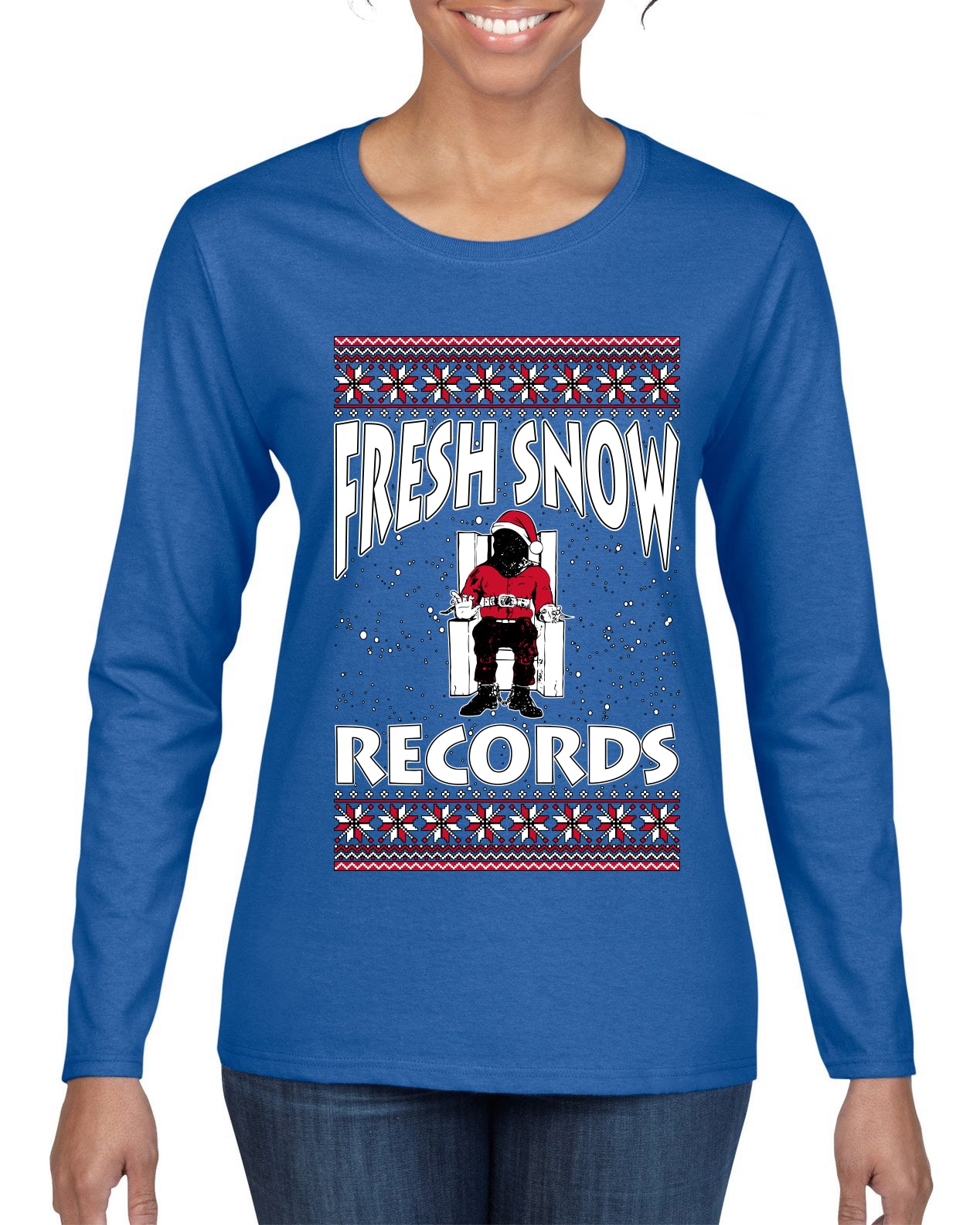 Fresh Snow Records Hip Hop Parody, Ugly Christmas Sweater Womens Graphic Long Sleeve T-Shirt
