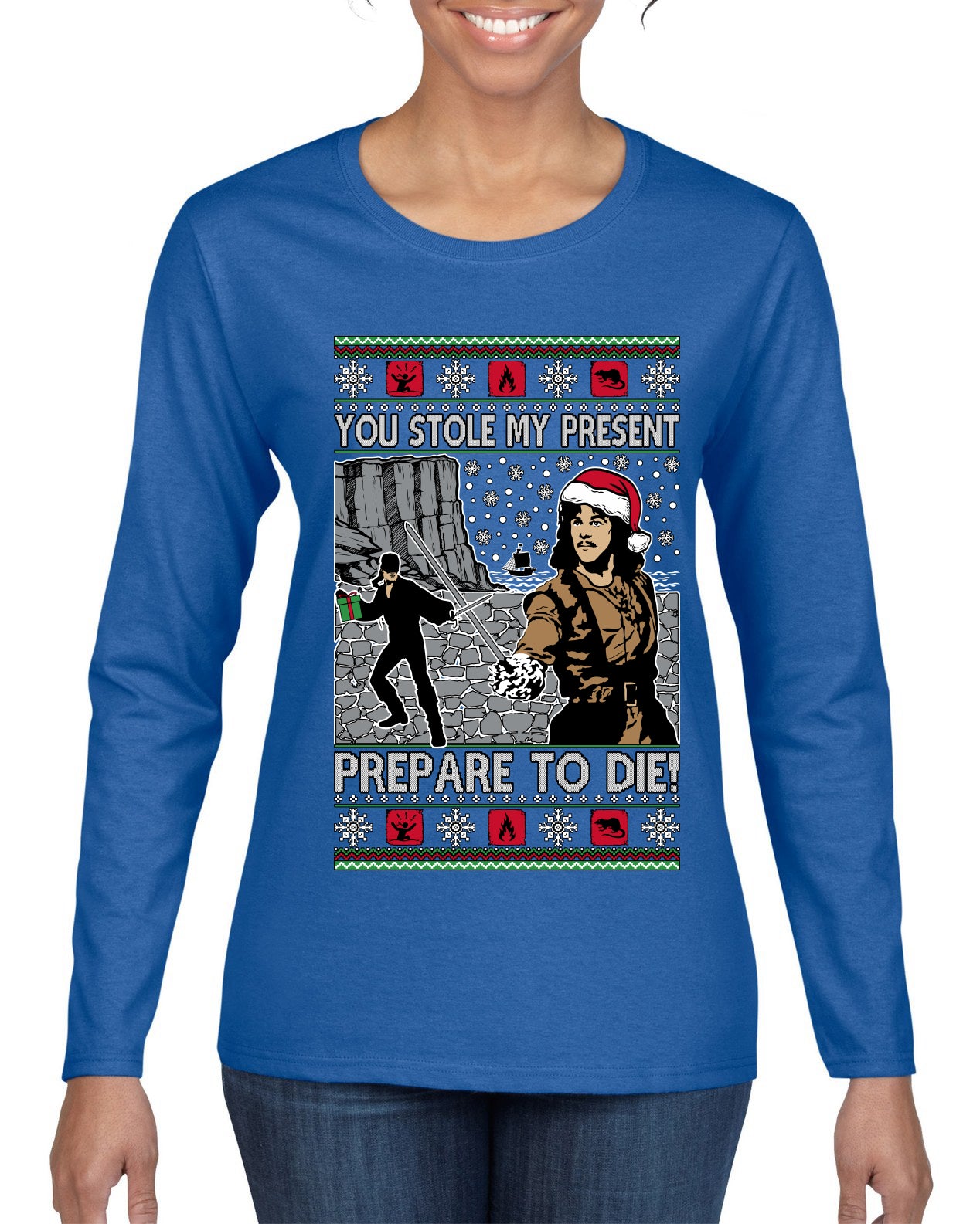 You Stole My Present Prepare To Die Cult Classic, Ugly Christmas Sweater Womens Graphic Long Sleeve T-Shirt