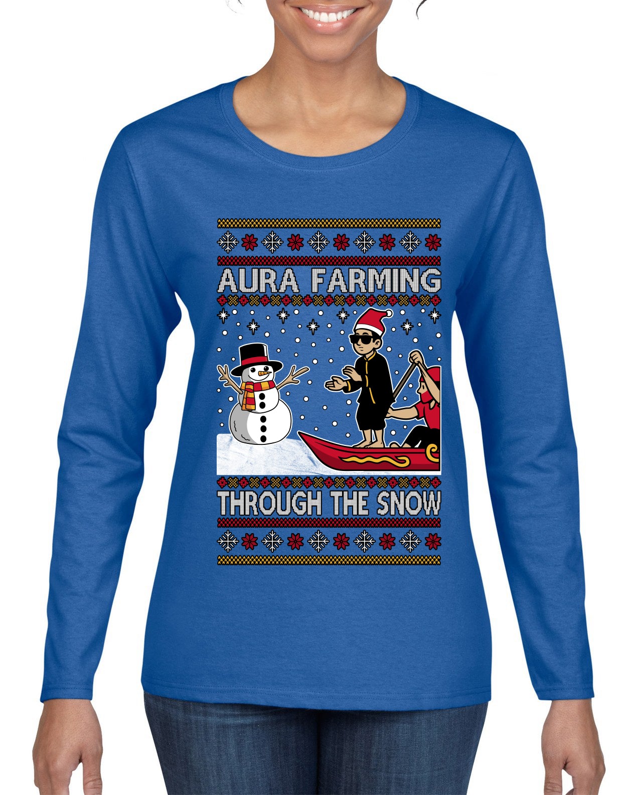Aura Farming Through The Snow Meme, Ugly Christmas Sweater Womens Graphic Long Sleeve T-Shirt
