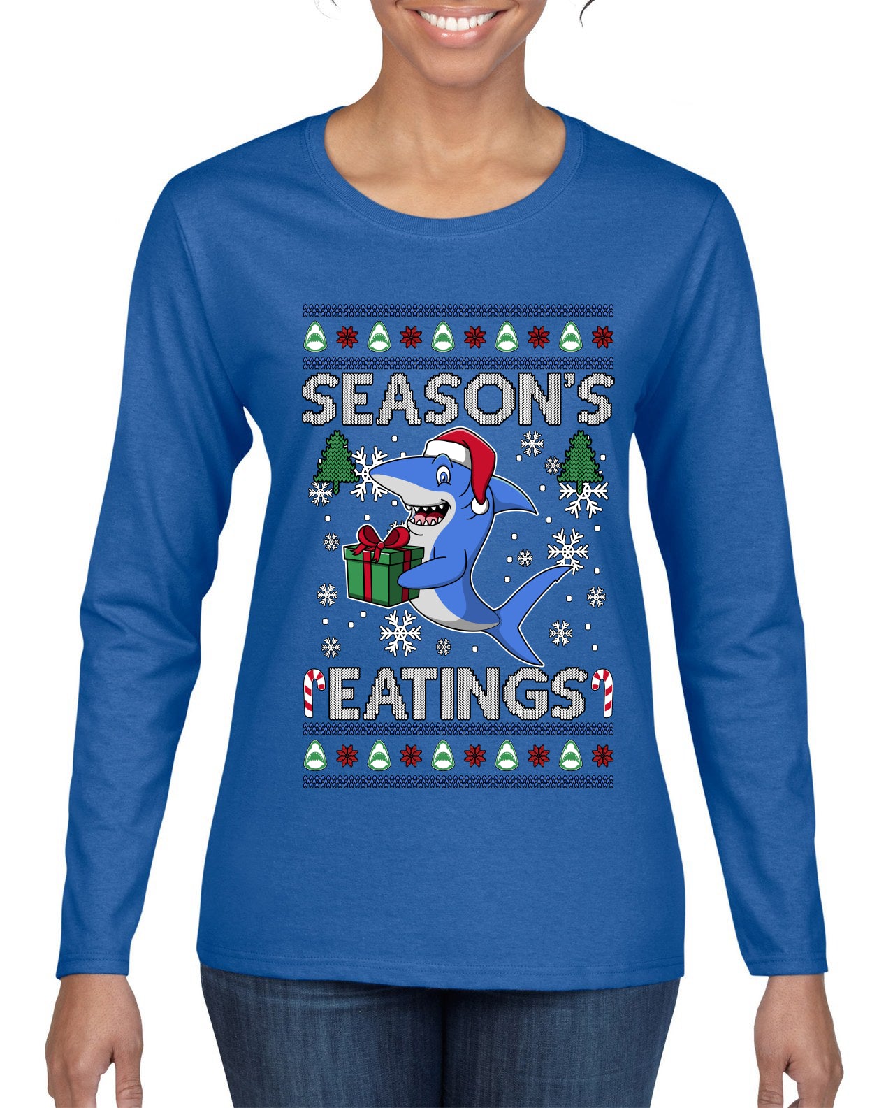 Season's Eatings Shark, Ugly Christmas Sweater Womens Graphic Long Sleeve T-Shirt