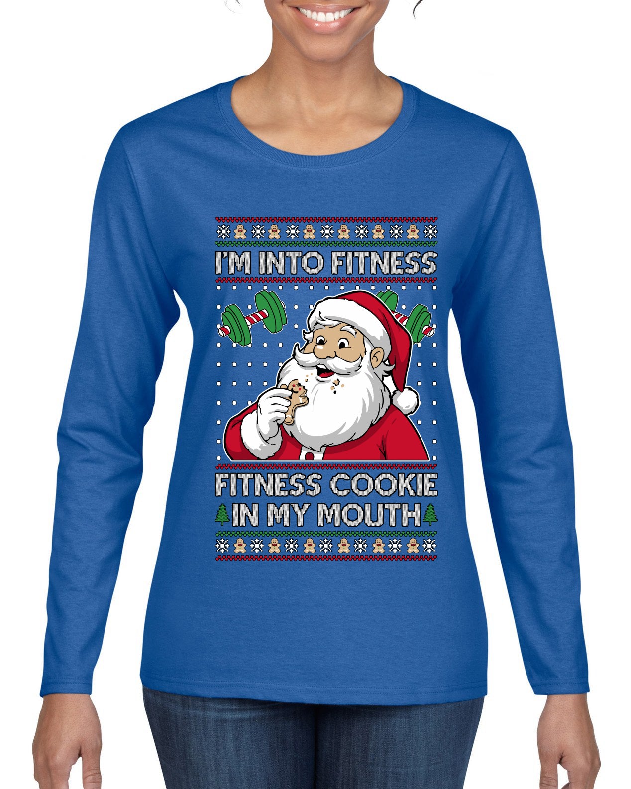 I'm Into Fitness Cookie In My Mouth Santa, Ugly Christmas Sweater Womens Graphic Long Sleeve T-Shirt