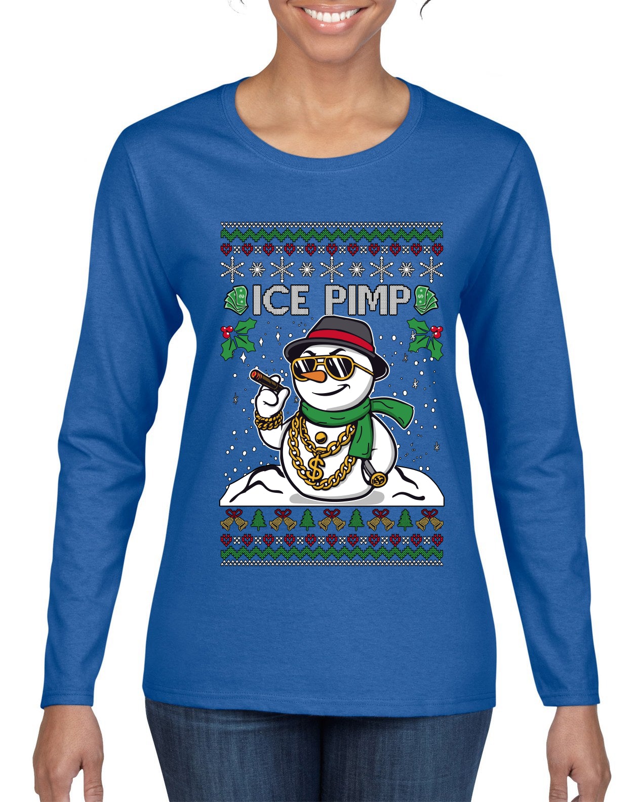 Ice Pimp, Ugly Christmas Sweater Womens Graphic Long Sleeve T-Shirt