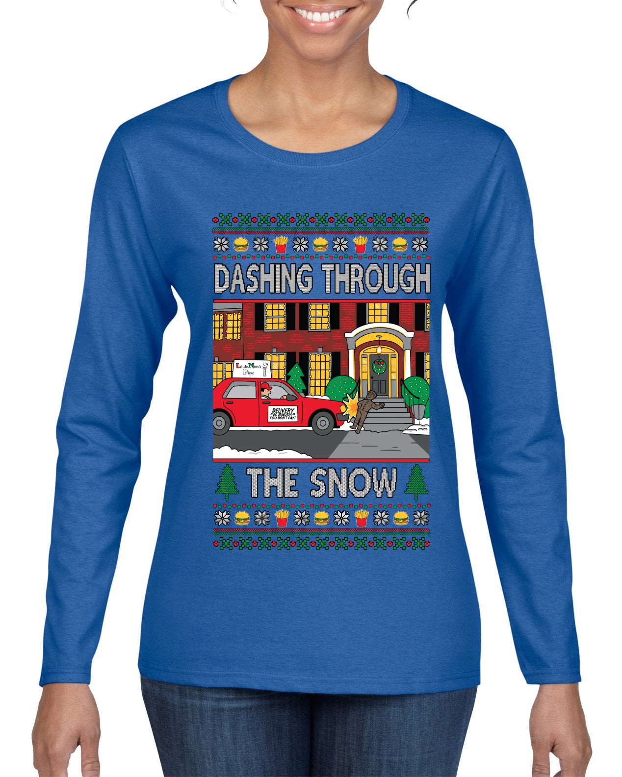 Dashing Through The Snow Classic 90s Holiday Movie, Ugly Christmas Sweater Womens Graphic Long Sleeve T-Shirt