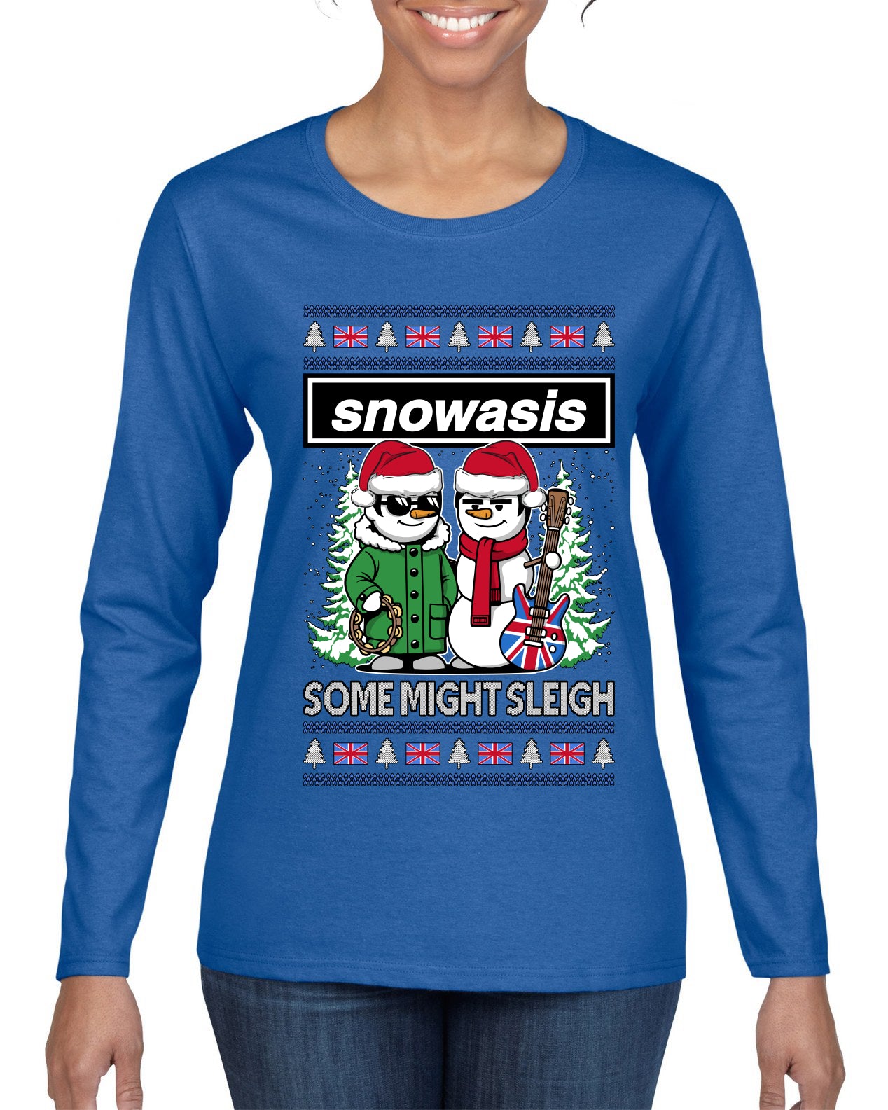 Snowasis English Rock Band Parody, Ugly Christmas Sweater Womens Graphic Long Sleeve T-Shirt