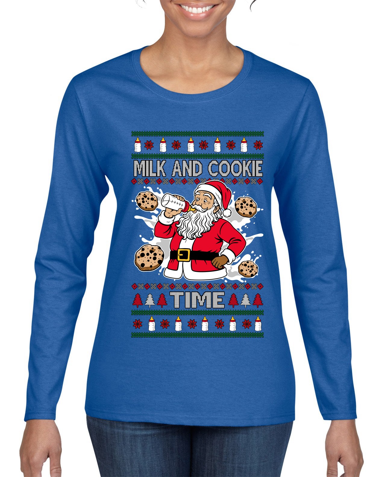Milk And Cookie Time, Ugly Christmas Sweater Womens Graphic Long Sleeve T-Shirt