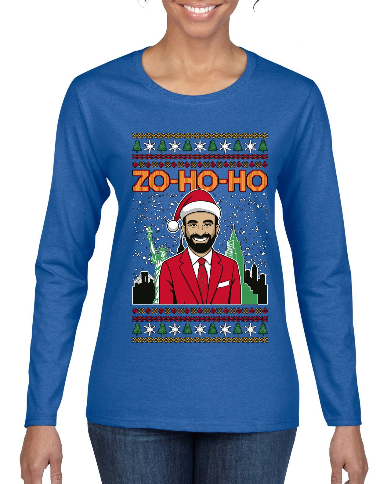Zo Ho Ho Zohran Mamdani NYC, Ugly Christmas Sweater Womens Graphic Long Sleeve T-Shirt