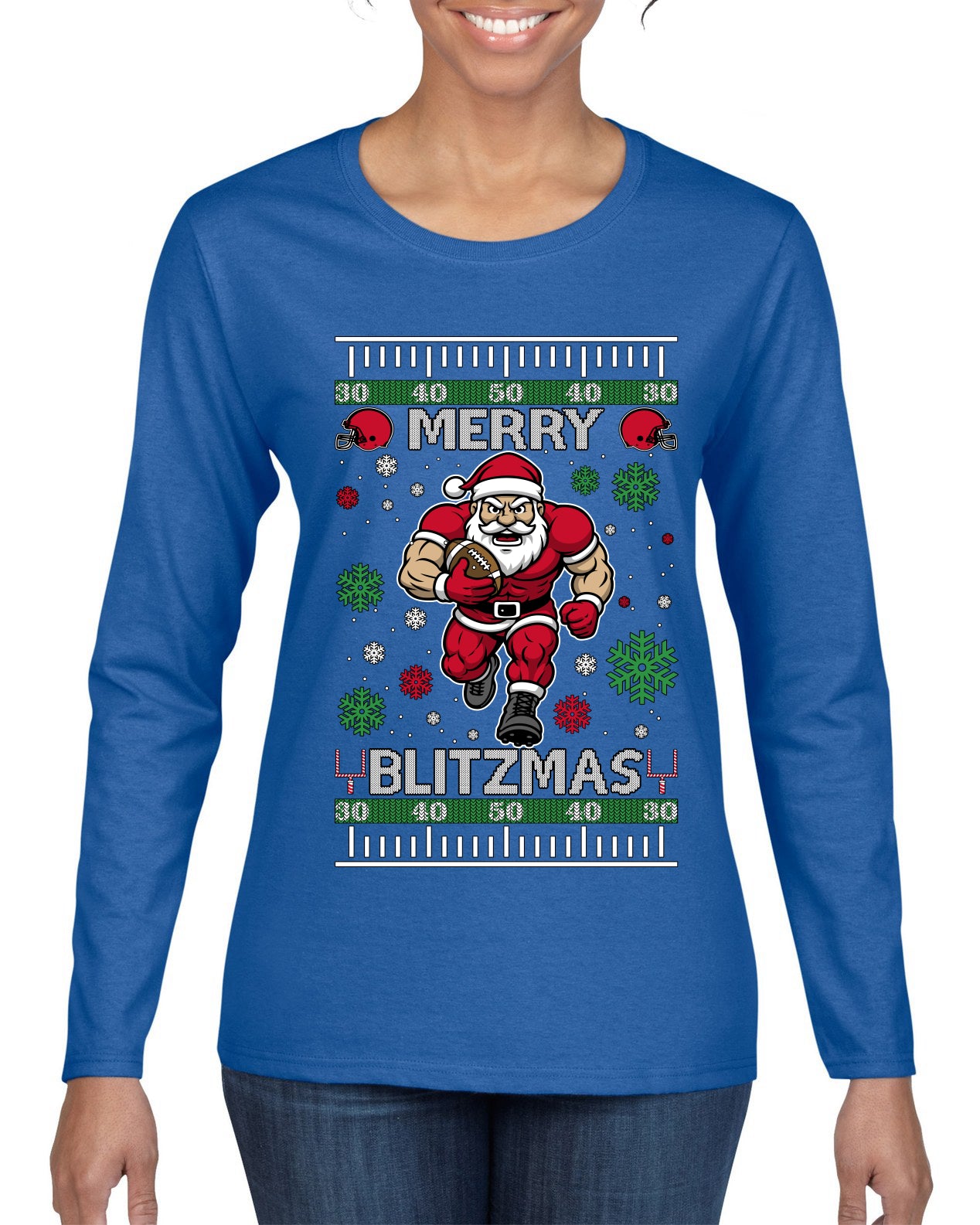 Merry Blitzmas, Football Christmas Sweater Design, Ugly Christmas Sweater Womens Graphic Long Sleeve T-Shirt