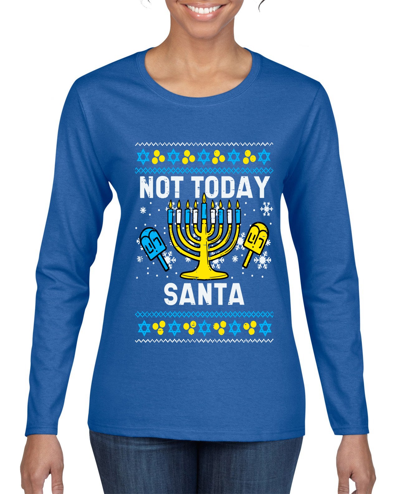 Not Today Santa Menorah Hanukkah, Ugly Christmas Sweater Womens Graphic Long Sleeve T-Shirt