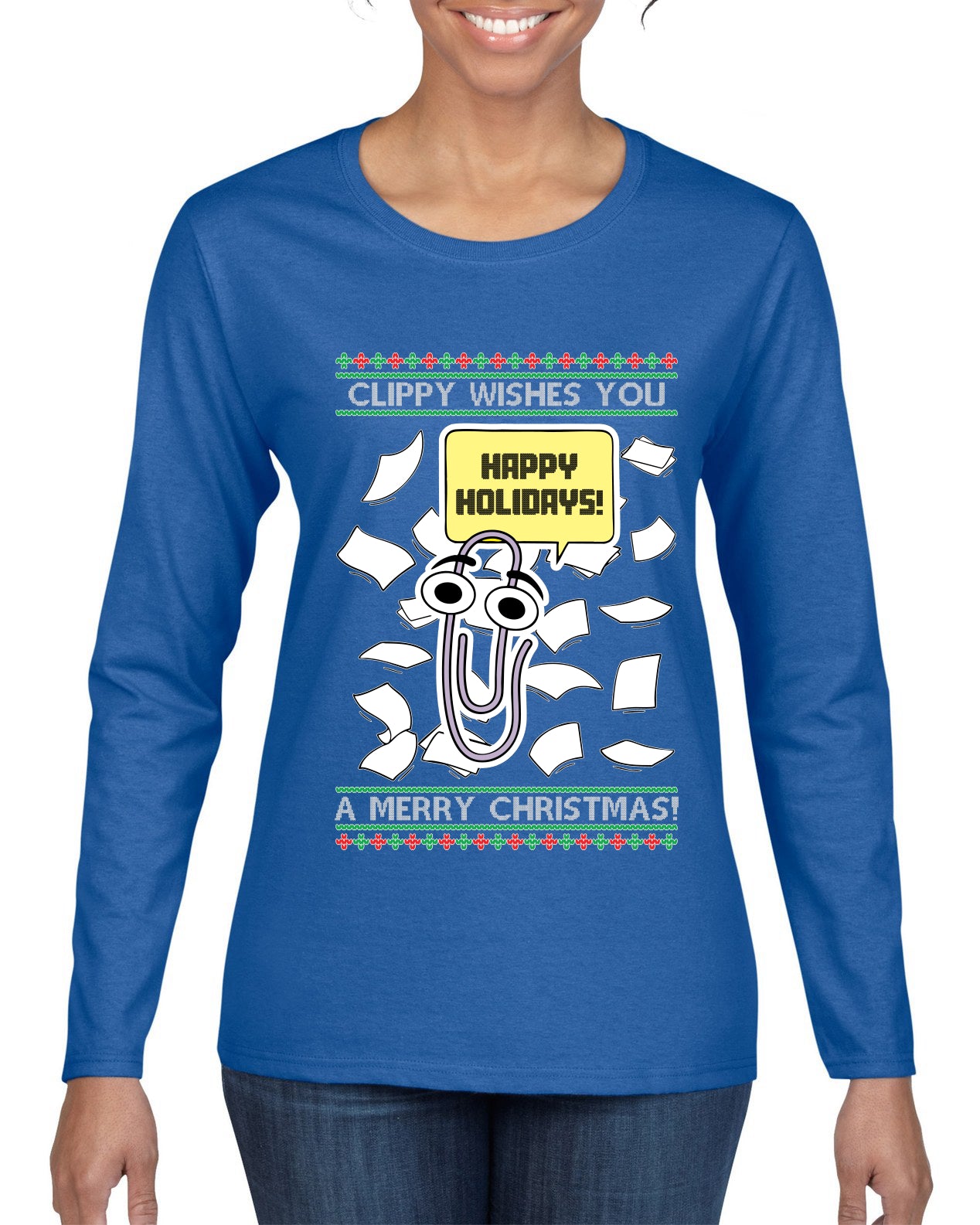 Clippy Wishes You A Merry Christmas Office Assistant, Ugly Christmas Sweater Womens Graphic Long Sleeve T-Shirt