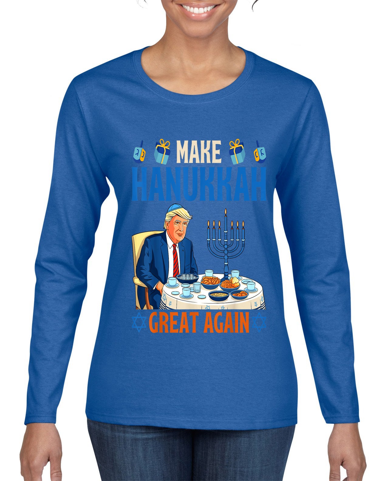 Make Hanukkah Great Again, Ugly Christmas Sweater Womens Graphic Long Sleeve T-Shirt