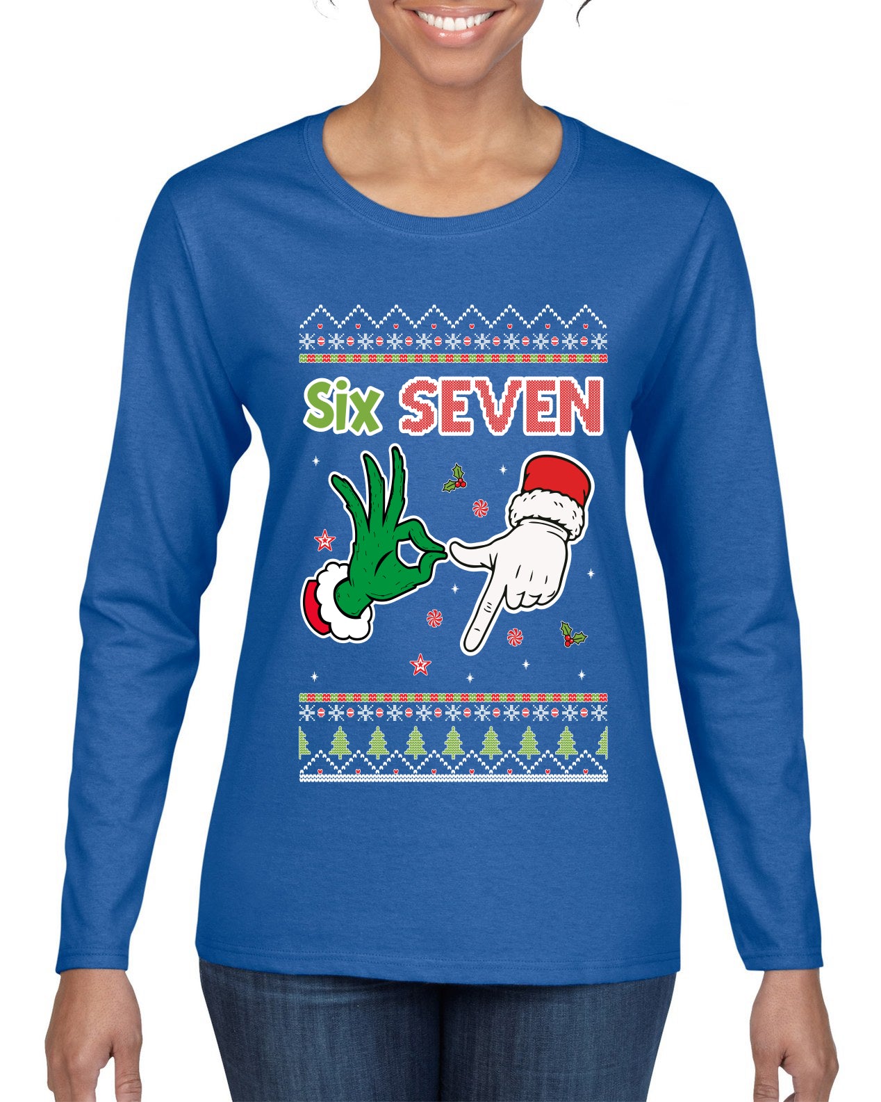 6 7 Christmas Hands, Ugly Christmas Sweater Womens Graphic Long Sleeve T-Shirt