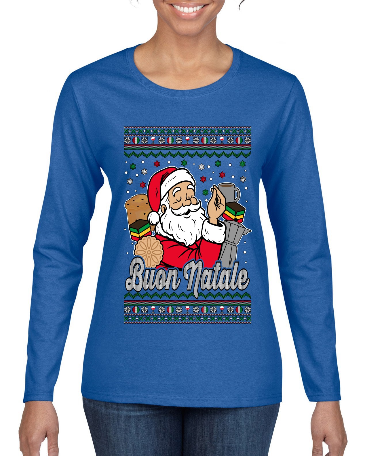 Buon Natale, Italian Santa Claus, Funny, Italian American Humor, Ugly Christmas Sweater Womens Graphic Long Sleeve T-Shirt