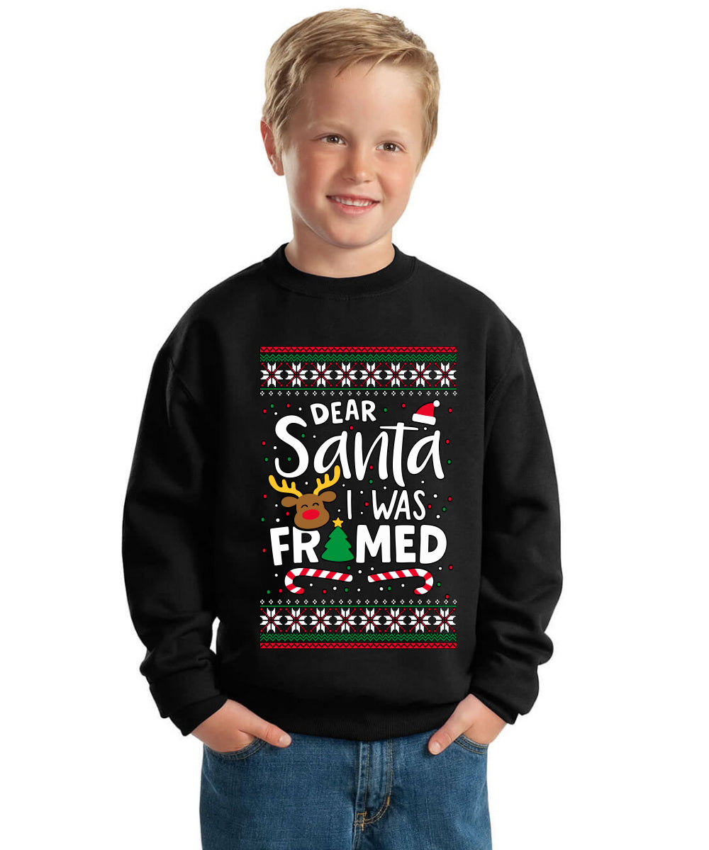 Dear Santa I Was Framed Ugly Christmas Sweater For Kids | Unisex Boys Girls Crewneck Graphic Sweatshirt
