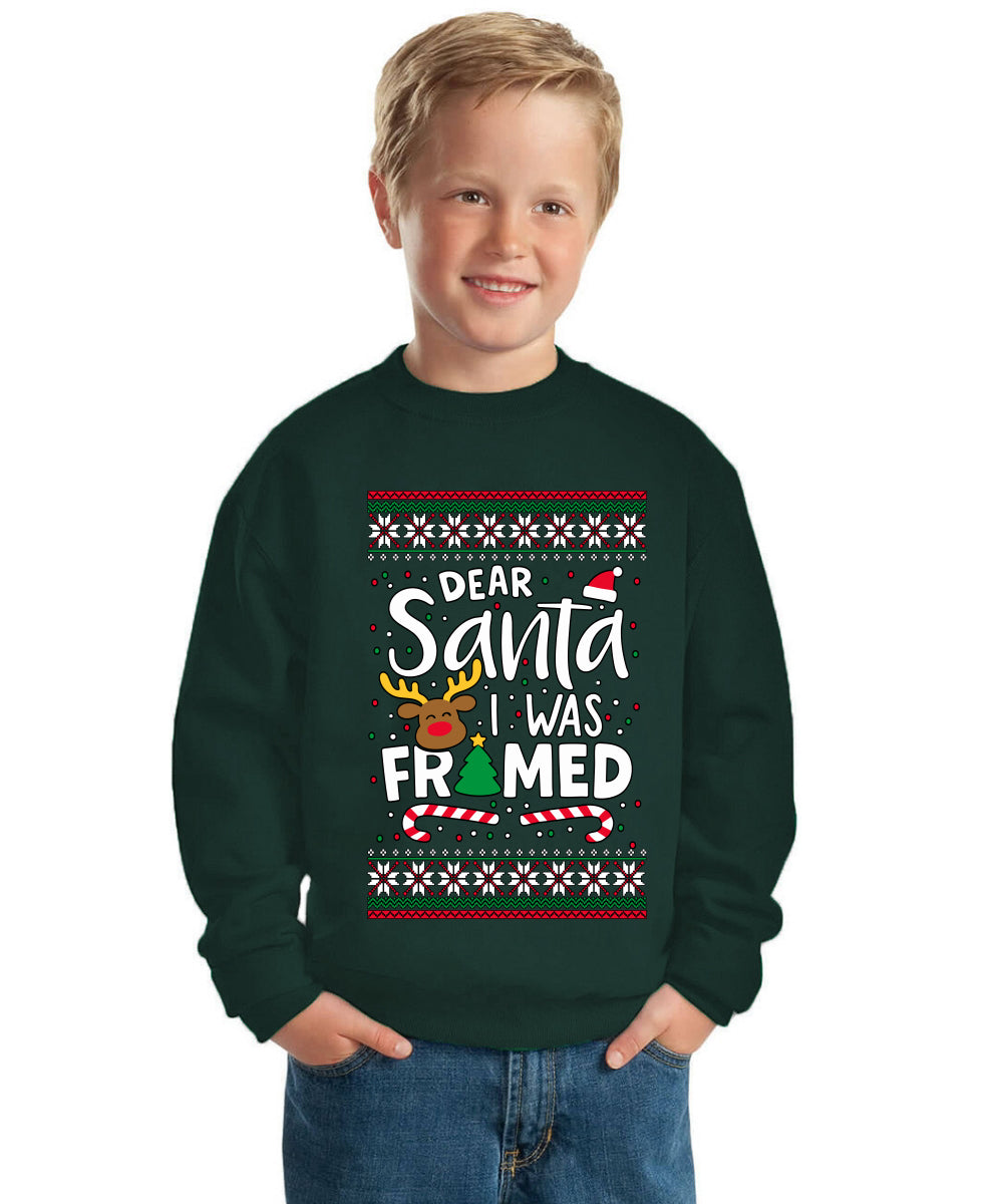 Dear Santa I Was Framed Ugly Christmas Sweater For Kids | Unisex Boys Girls Crewneck Graphic Sweatshirt