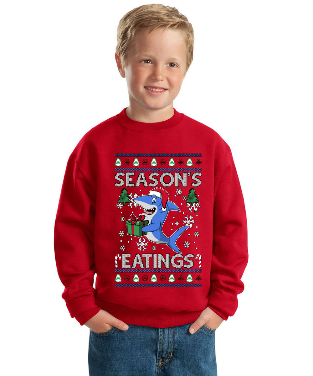 Season's Eatings Shark Ugly Christmas Sweater For Kids | Unisex Boys Girls Crewneck Graphic Sweatshirt