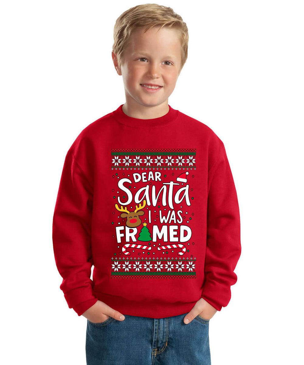 Dear Santa I Was Framed Ugly Christmas Sweater For Kids | Unisex Boys Girls Crewneck Graphic Sweatshirt